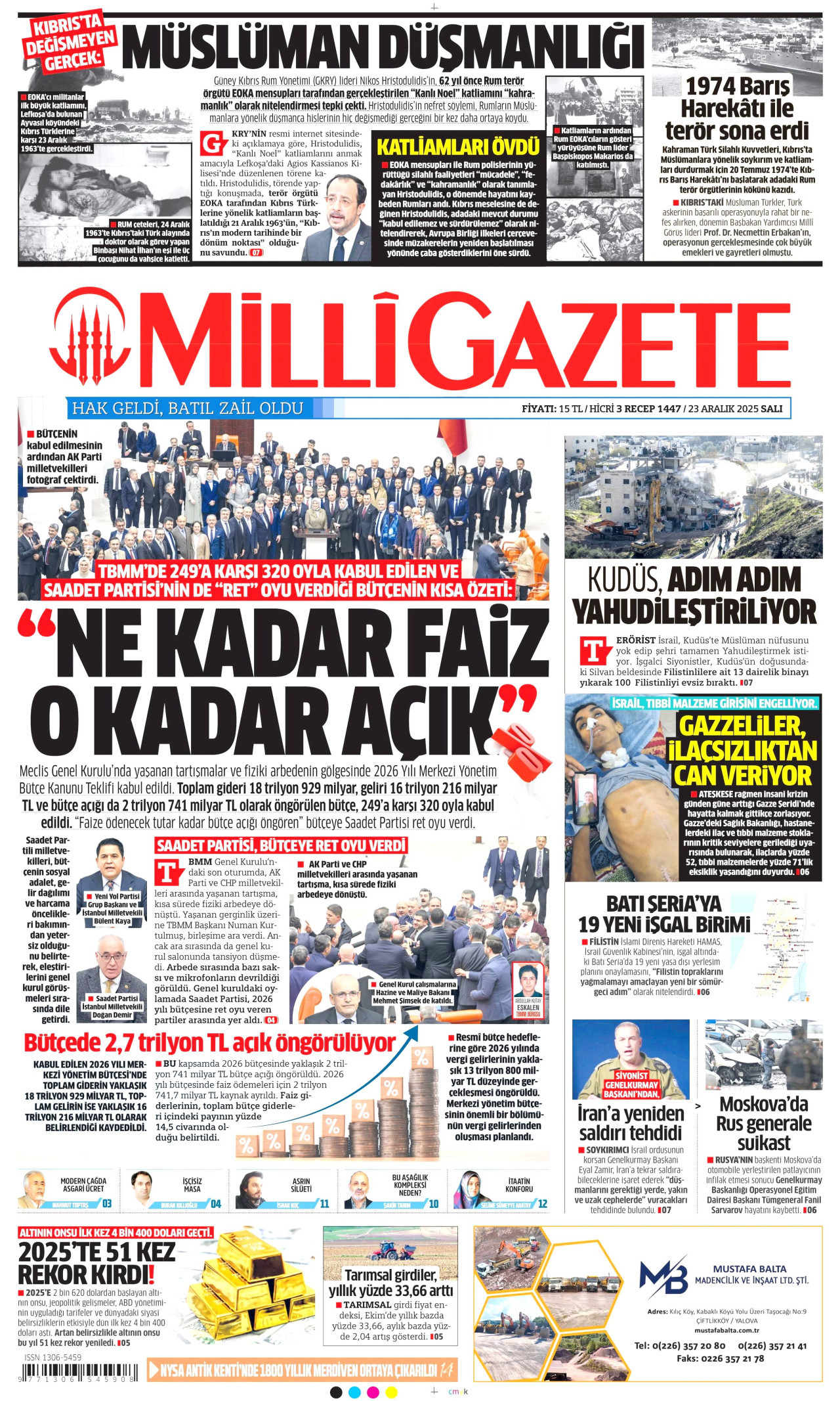 MİLLİ GAZETE gazetesinin 23 Aralık 2025 tarihli birinci sayfası