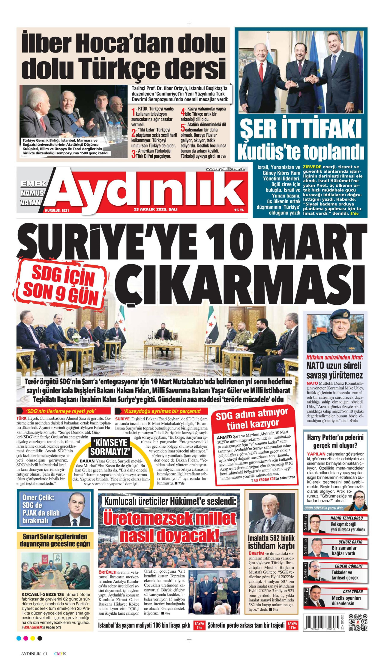AYDINLIK GAZETESİ gazetesinin 23 Aralık 2025 tarihli birinci sayfası