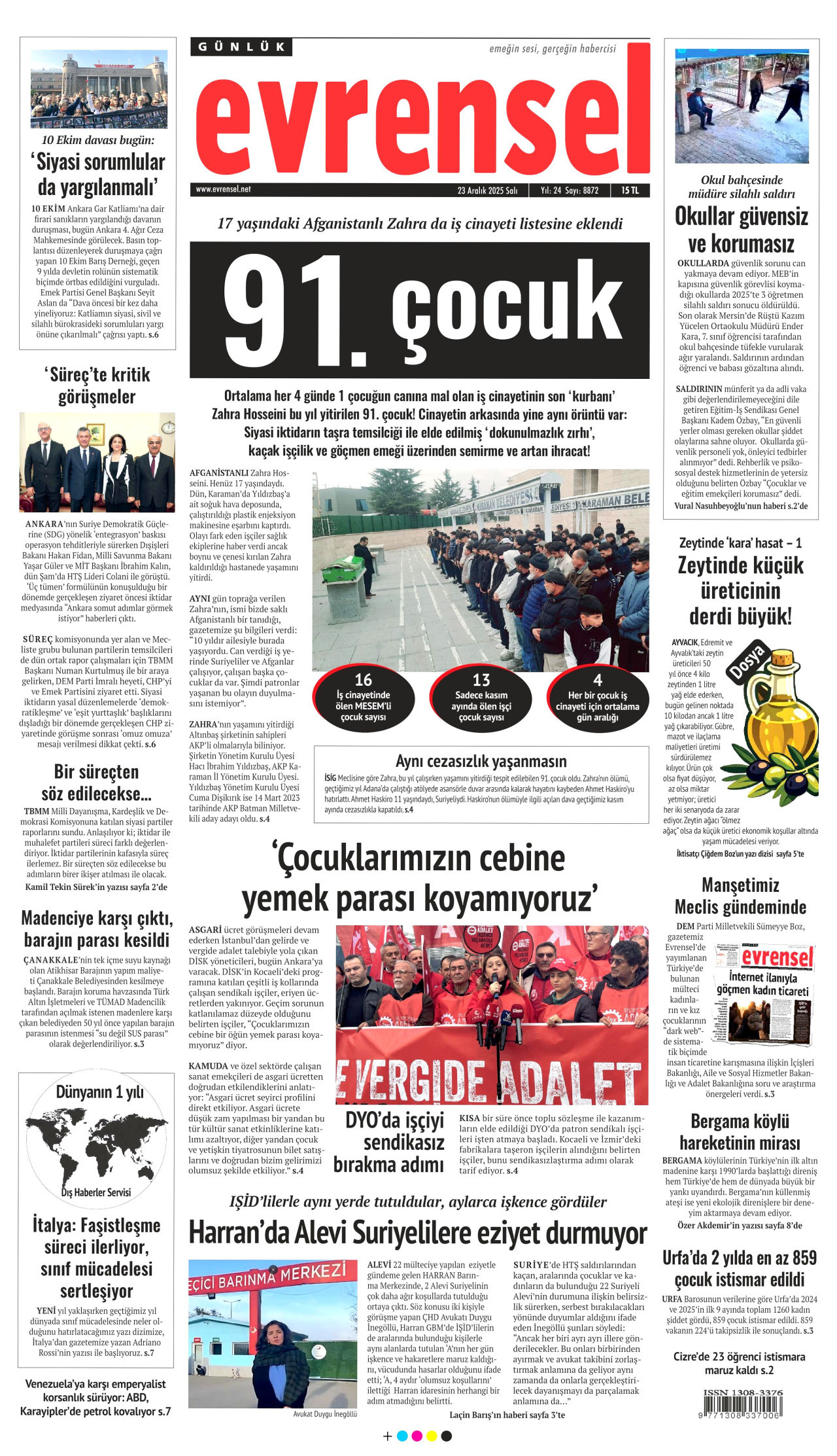 EVRENSEL gazetesinin 23 Aralık 2025 tarihli birinci sayfası