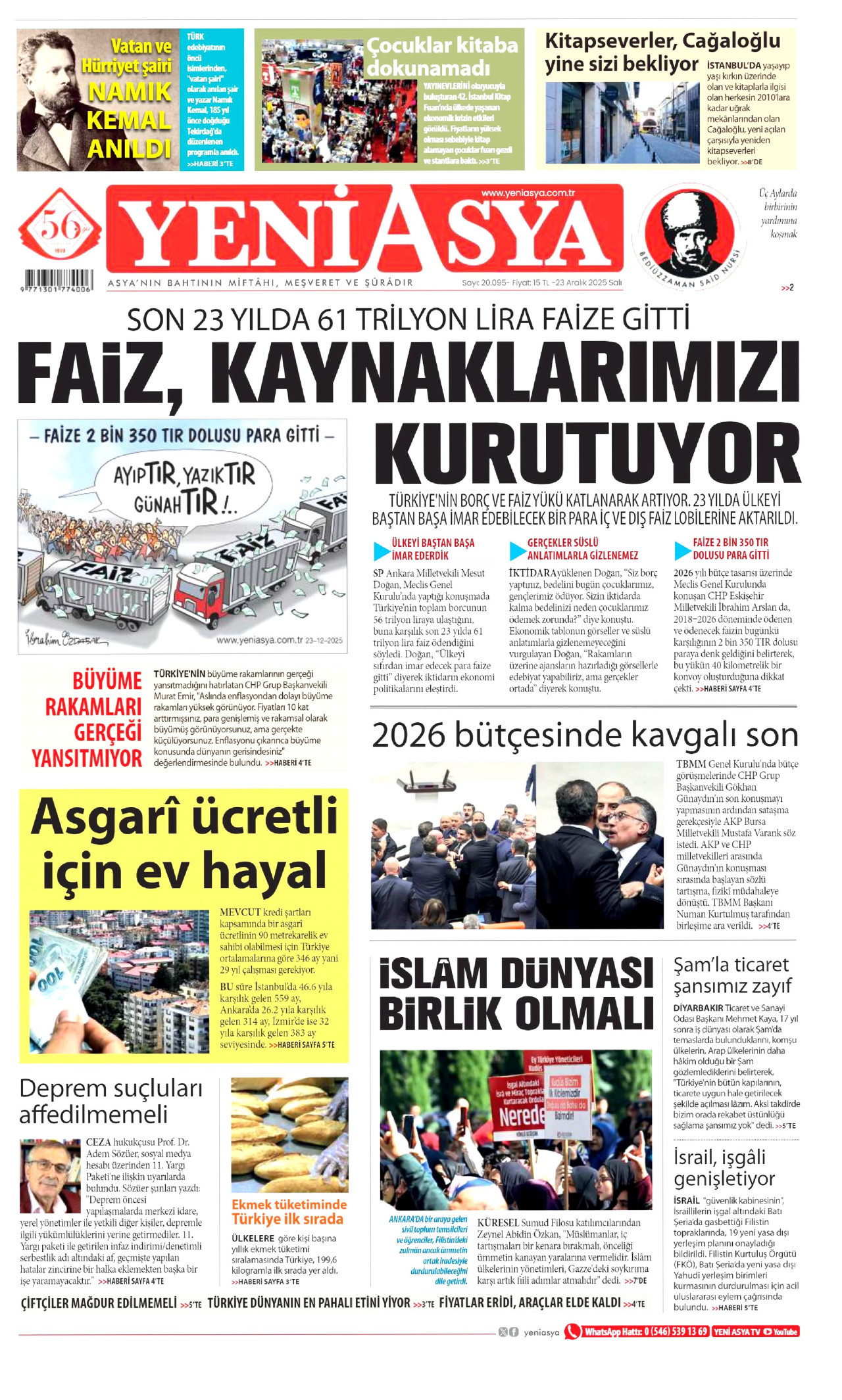 YENİ ASYA gazetesinin 23 Aralık 2025 tarihli birinci sayfası