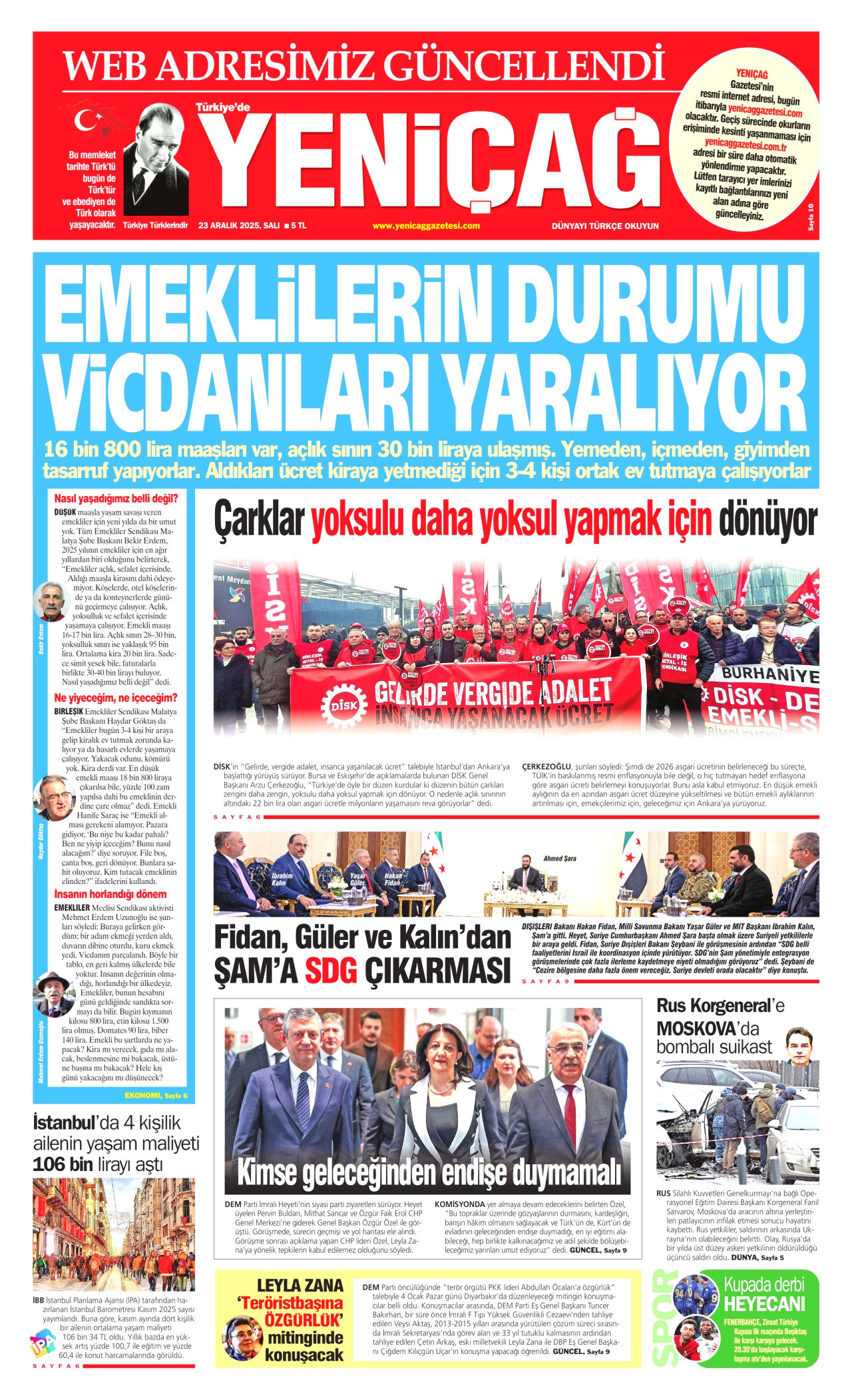 YENİÇAĞ gazetesinin 23 Aralık 2025 tarihli birinci sayfası