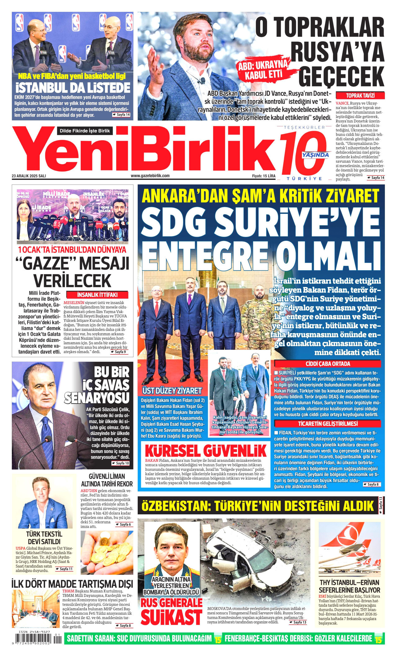 YENİBİRLİK gazetesinin 23 Aralık 2025 tarihli birinci sayfası