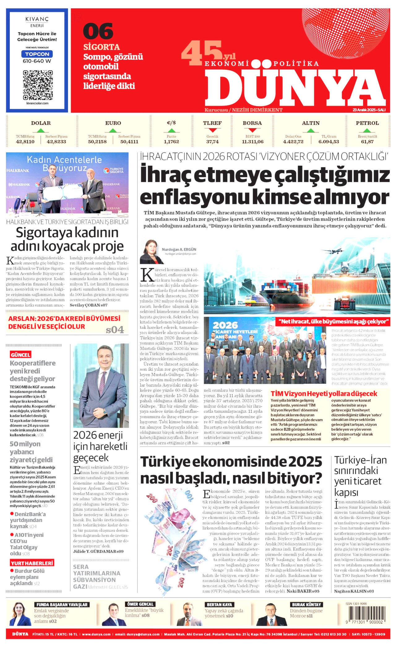DÜNYA gazetesinin 23 Aralık 2025 tarihli birinci sayfası