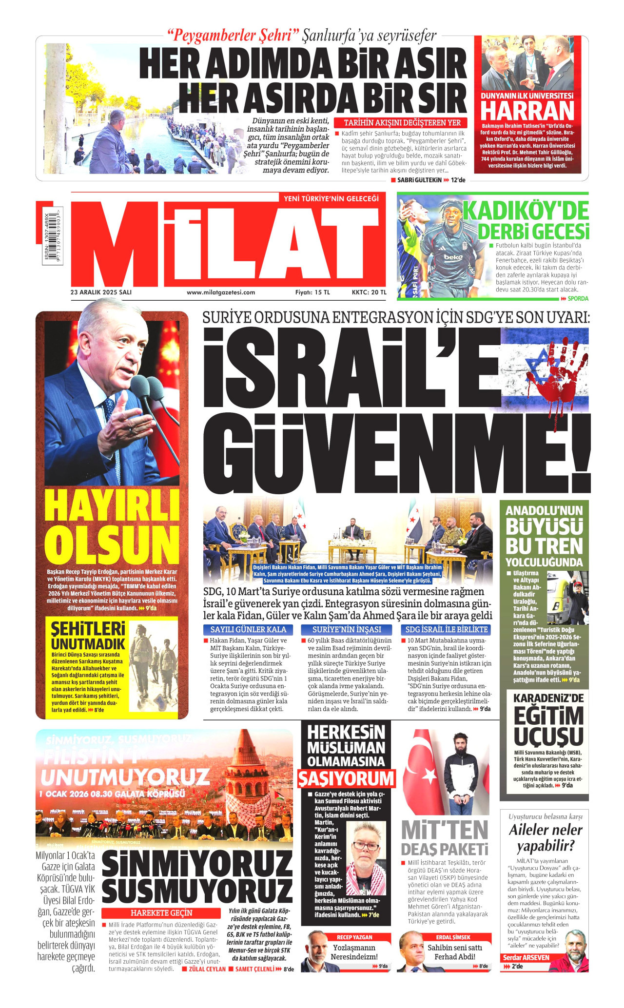 MİLAT gazetesinin 23 Aralık 2025 tarihli birinci sayfası