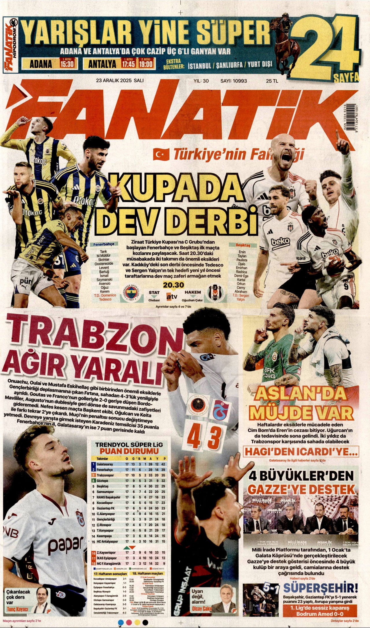 FANATİK gazetesinin 23 Aralık 2025 tarihli birinci sayfası