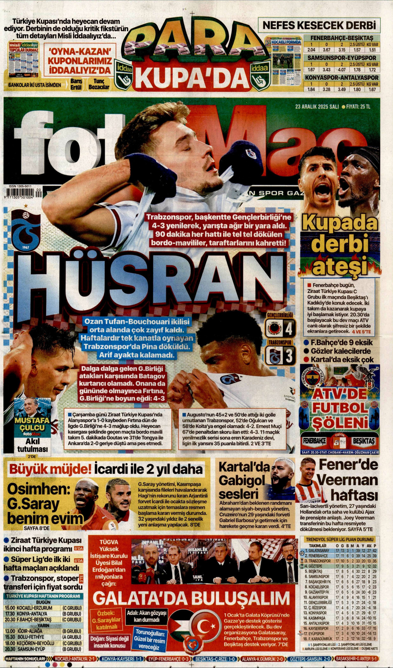 FOTOMAÇ gazetesinin 23 Aralık 2025 tarihli birinci sayfası