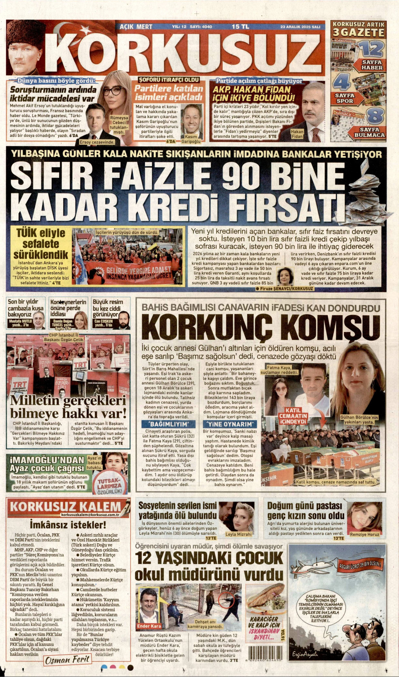KORKUSUZ gazetesinin 23 Aralık 2025 tarihli birinci sayfası
