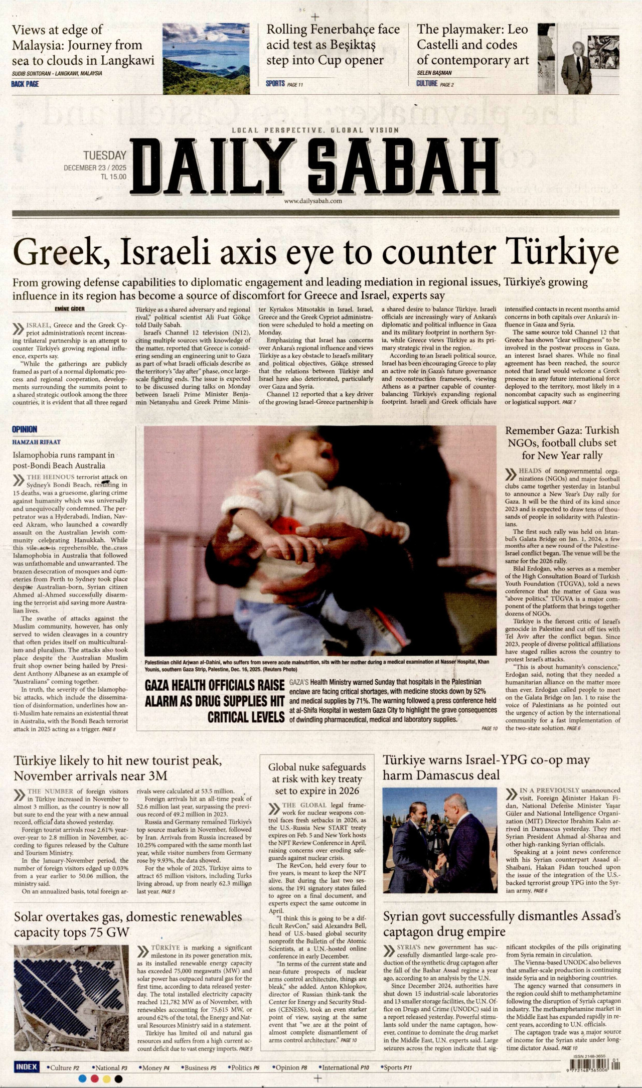 DAİLY SABAH gazetesinin 23 Aralık 2025 tarihli birinci sayfası