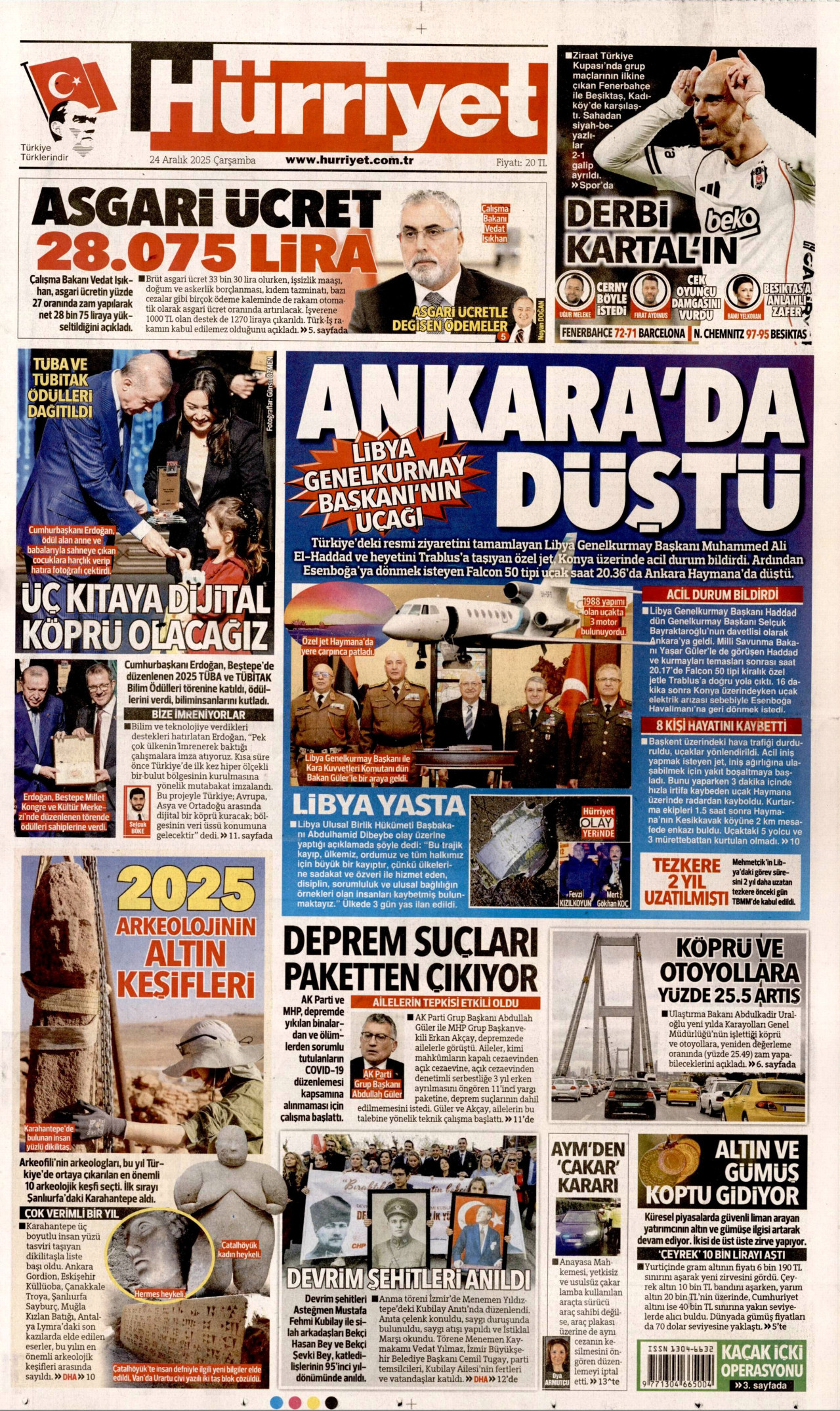 HÜRRİYET gazetesinin 24 Aralık 2025 tarihli birinci sayfası