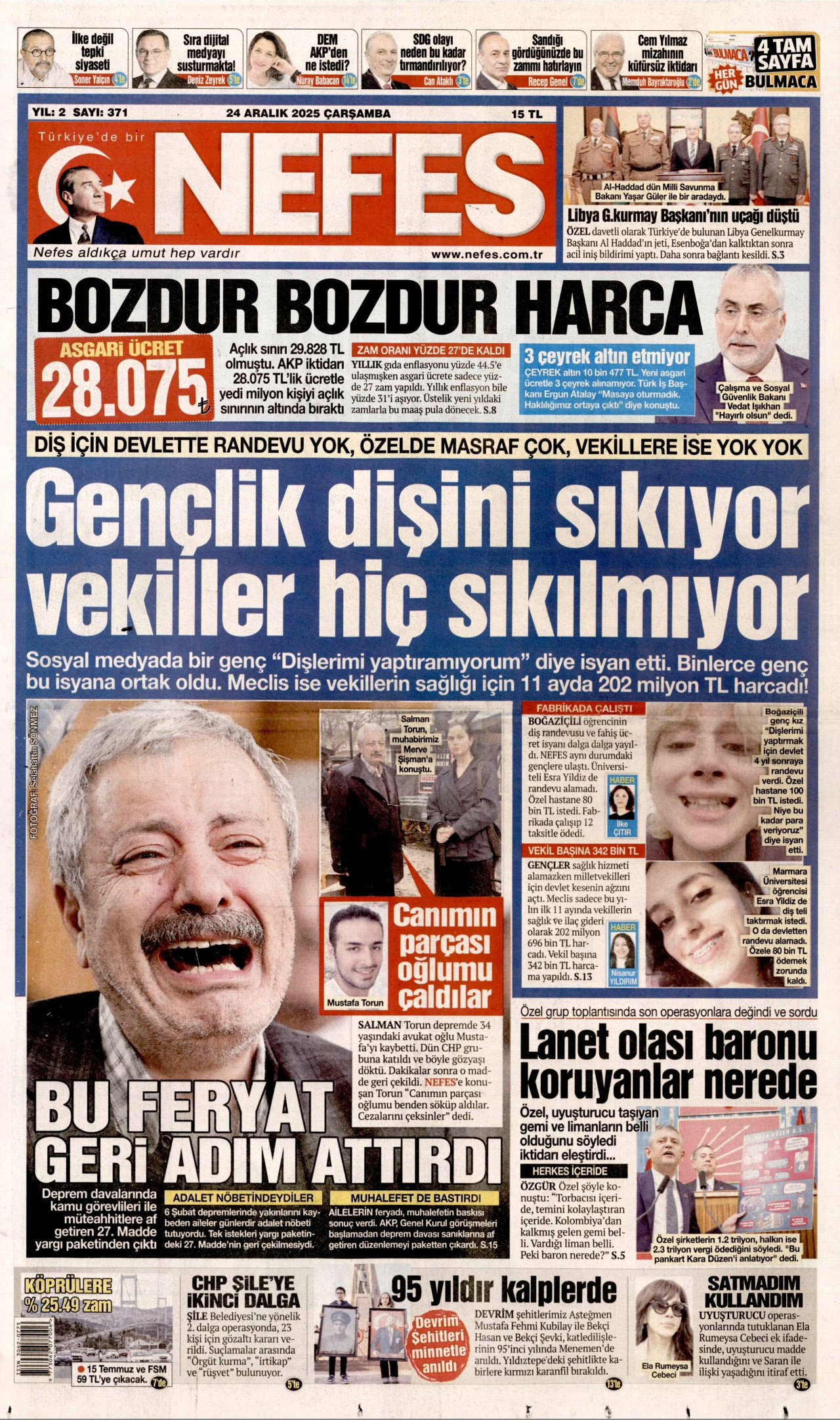 NEFES gazetesinin 24 Aralık 2025 tarihli birinci sayfası