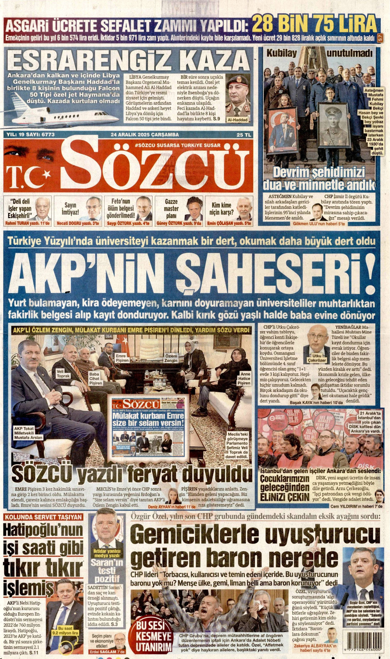 SÖZCÜ gazetesinin 24 Aralık 2025 tarihli birinci sayfası