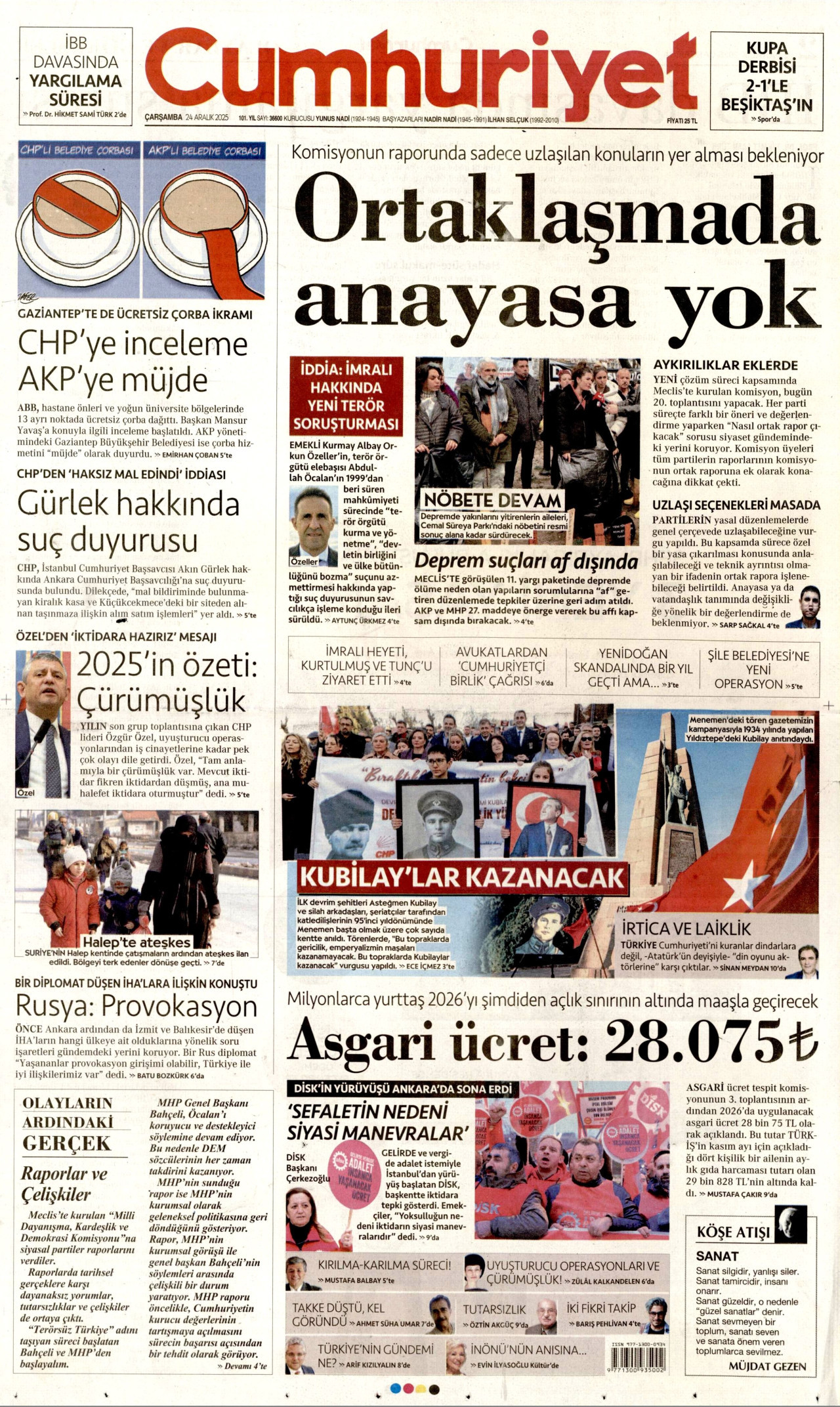 CUMHURİYET gazetesinin 24 Aralık 2025 tarihli birinci sayfası