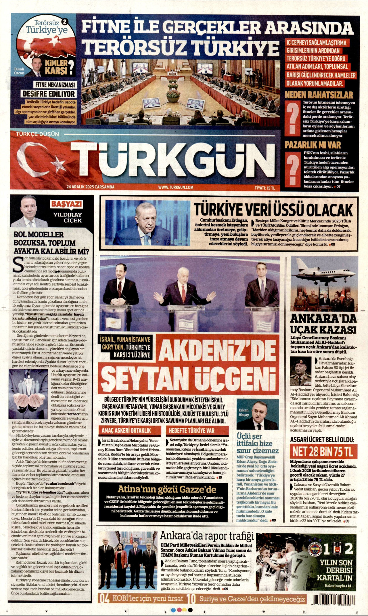 TÜRKGÜN gazetesinin 24 Aralık 2025 tarihli birinci sayfası