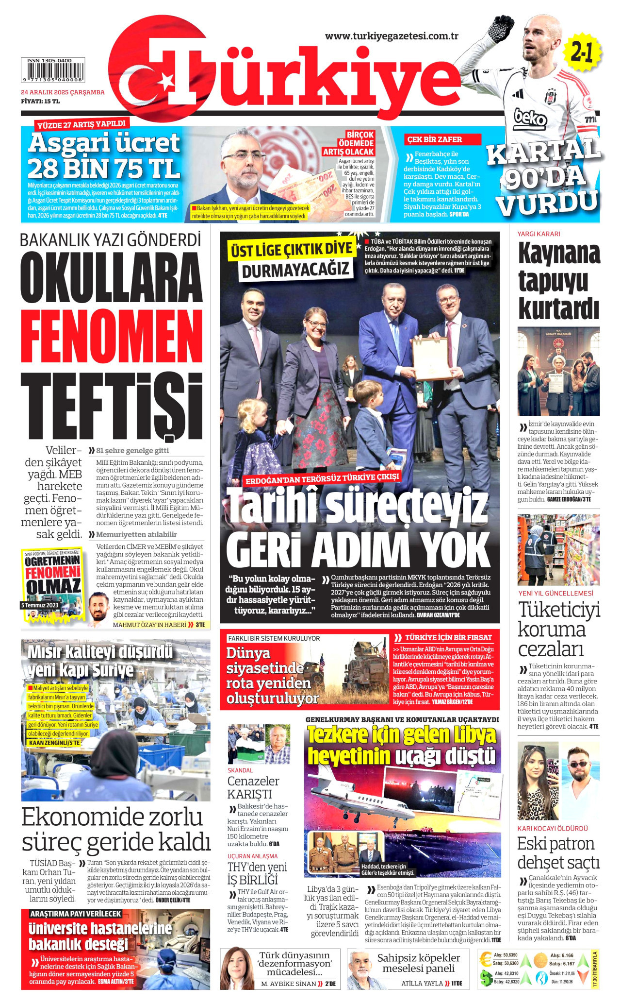 TÜRKİYE GAZETESİ gazetesinin 24 Aralık 2025 tarihli birinci sayfası