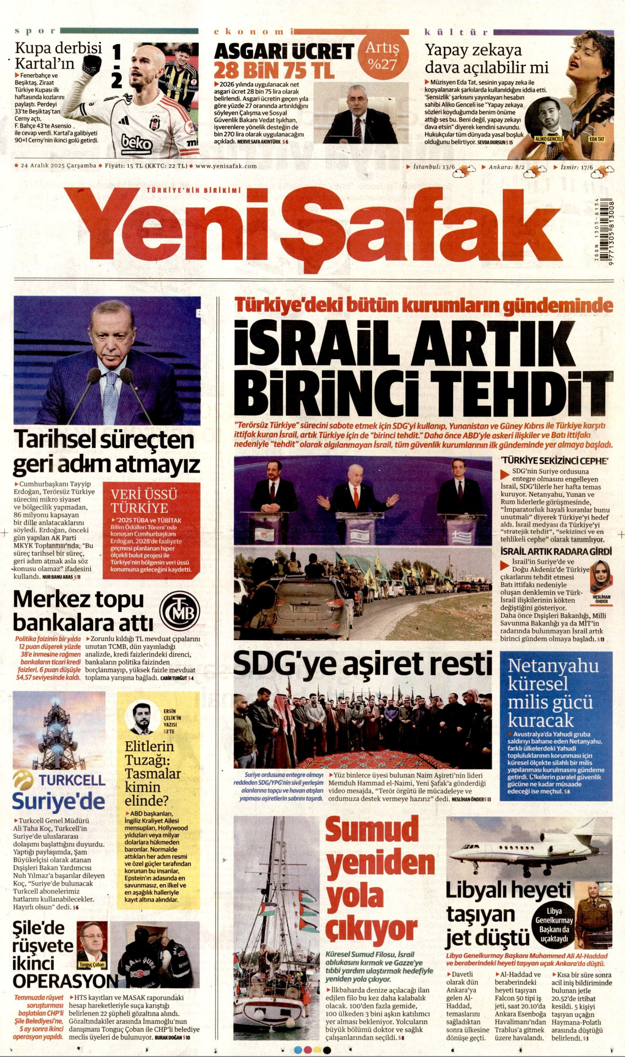 YENİ ŞAFAK gazetesinin 24 Aralık 2025 tarihli birinci sayfası