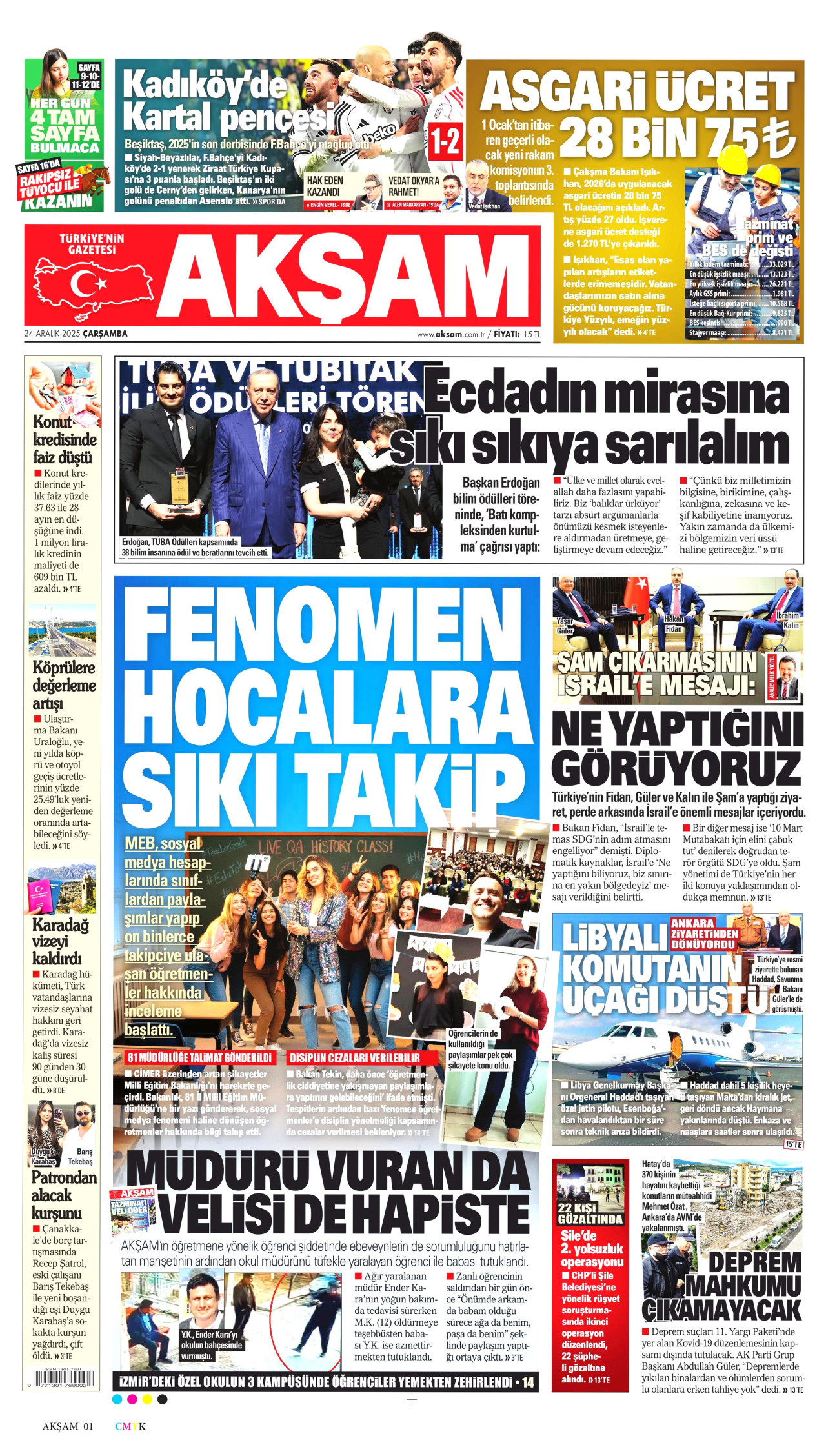 AKŞAM gazetesinin 24 Aralık 2025 tarihli birinci sayfası
