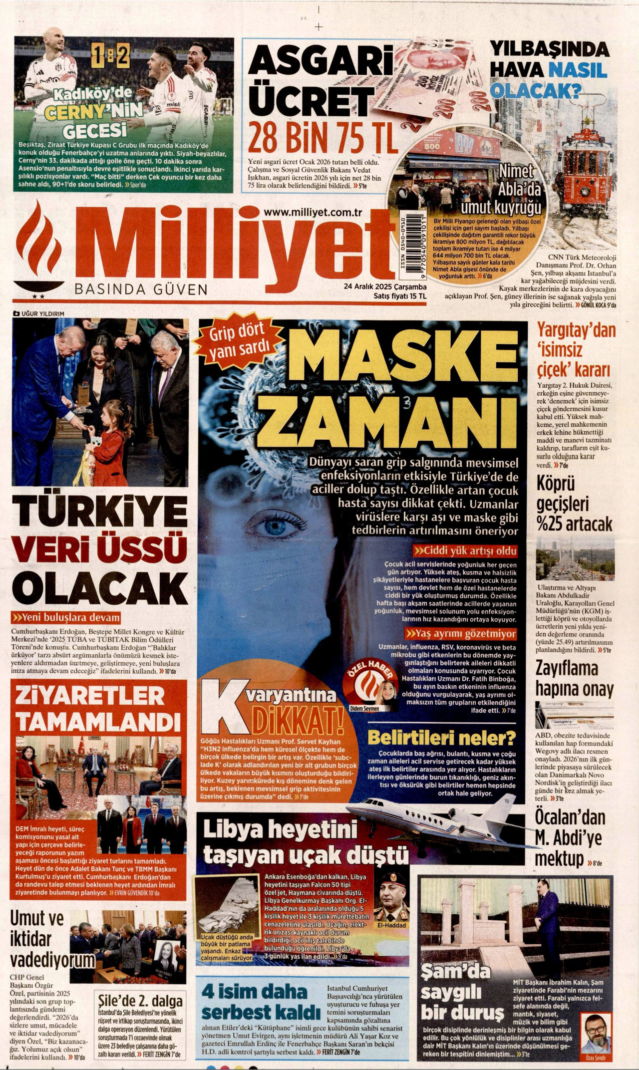 MİLLİYET gazetesinin 24 Aralık 2025 tarihli birinci sayfası
