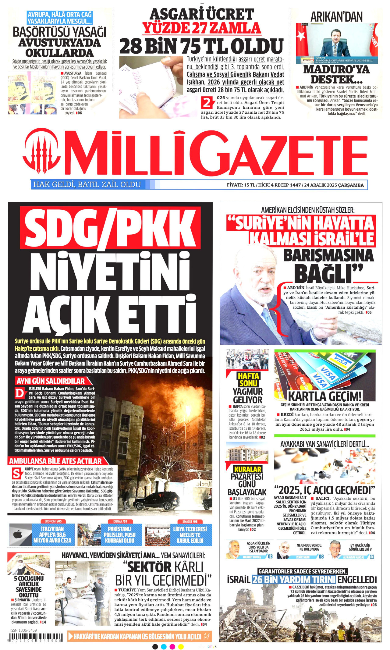 MİLLİ GAZETE gazetesinin 24 Aralık 2025 tarihli birinci sayfası