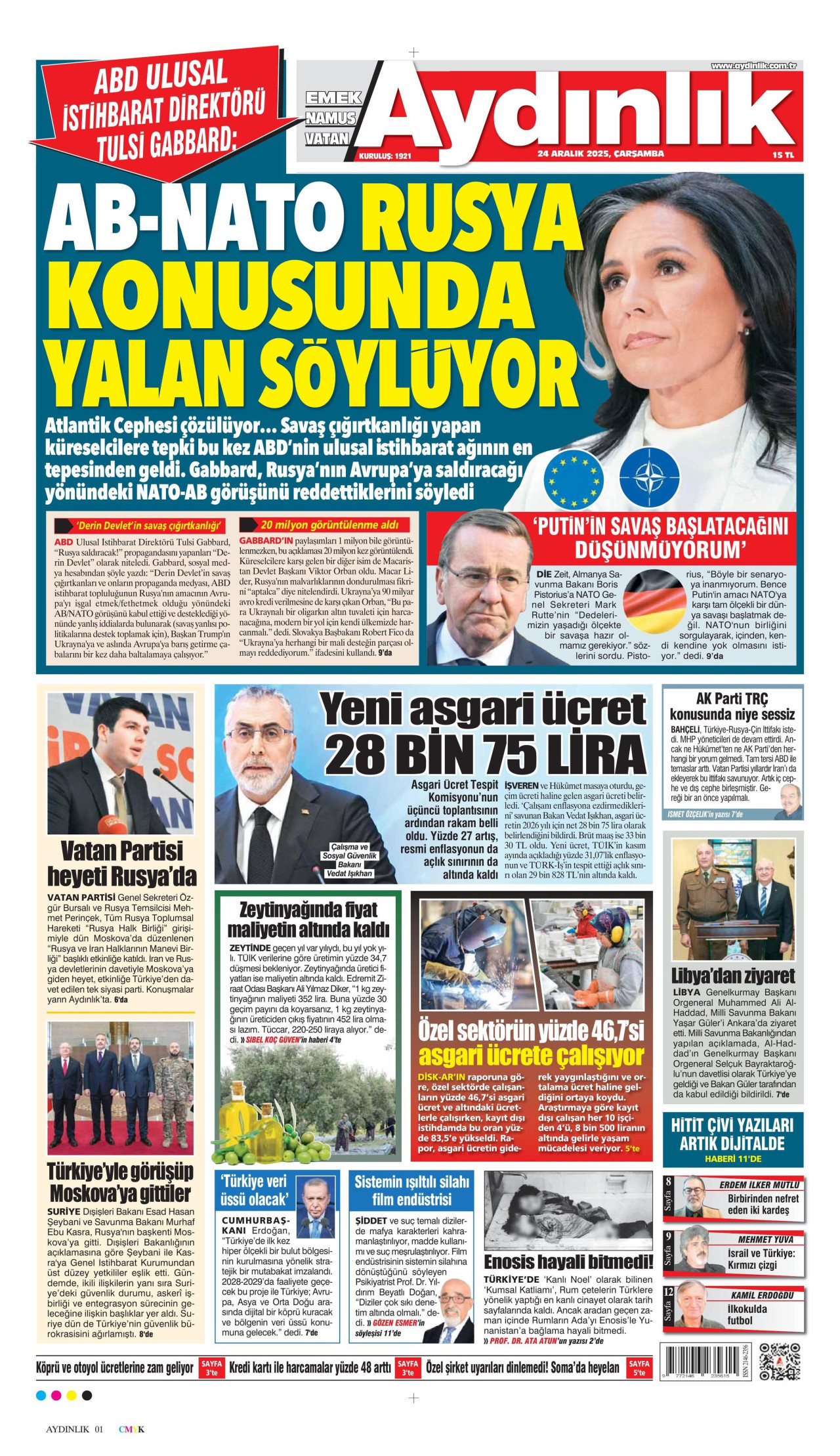 AYDINLIK GAZETESİ gazetesinin 24 Aralık 2025 tarihli birinci sayfası