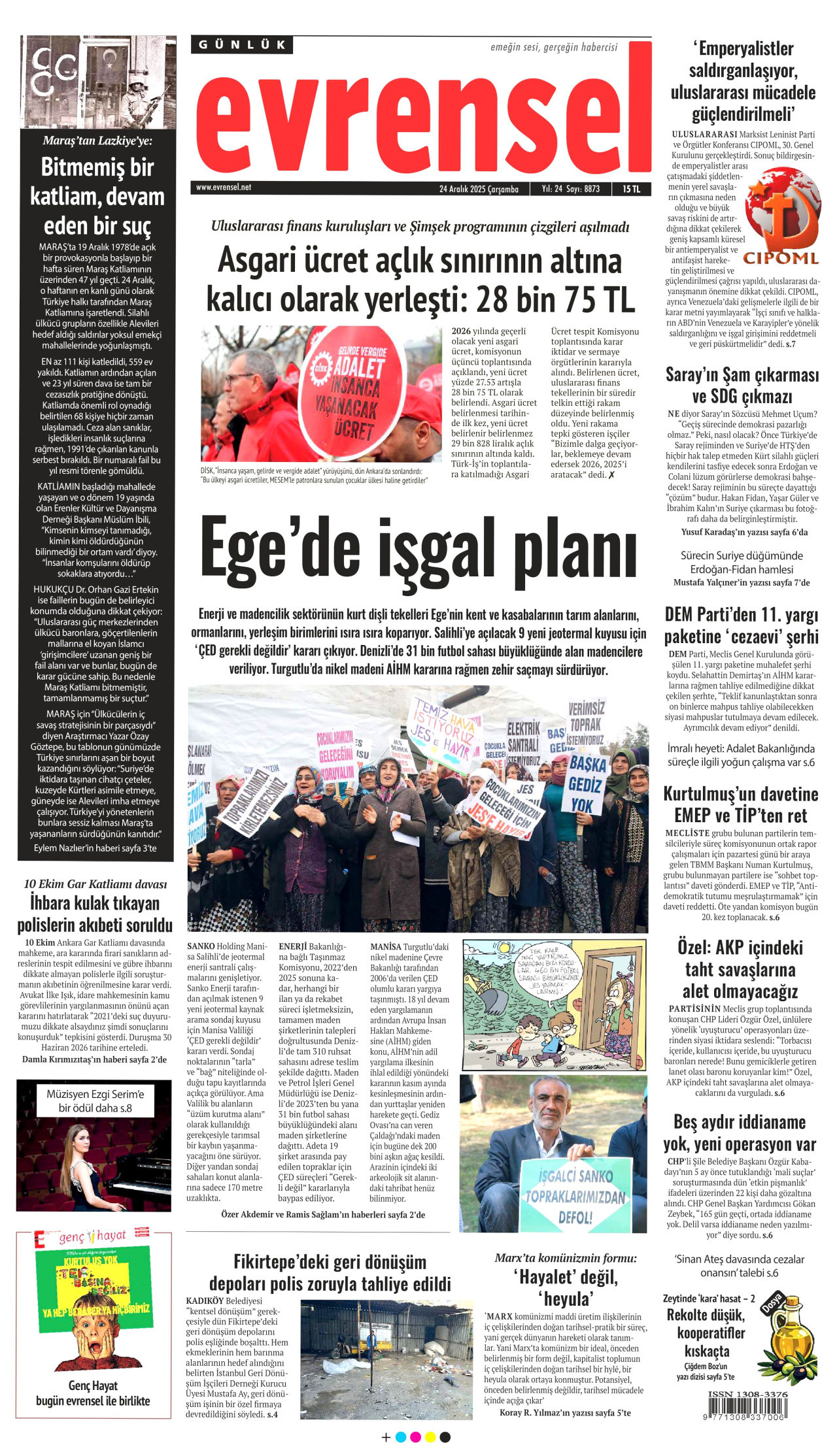 EVRENSEL gazetesinin 24 Aralık 2025 tarihli birinci sayfası