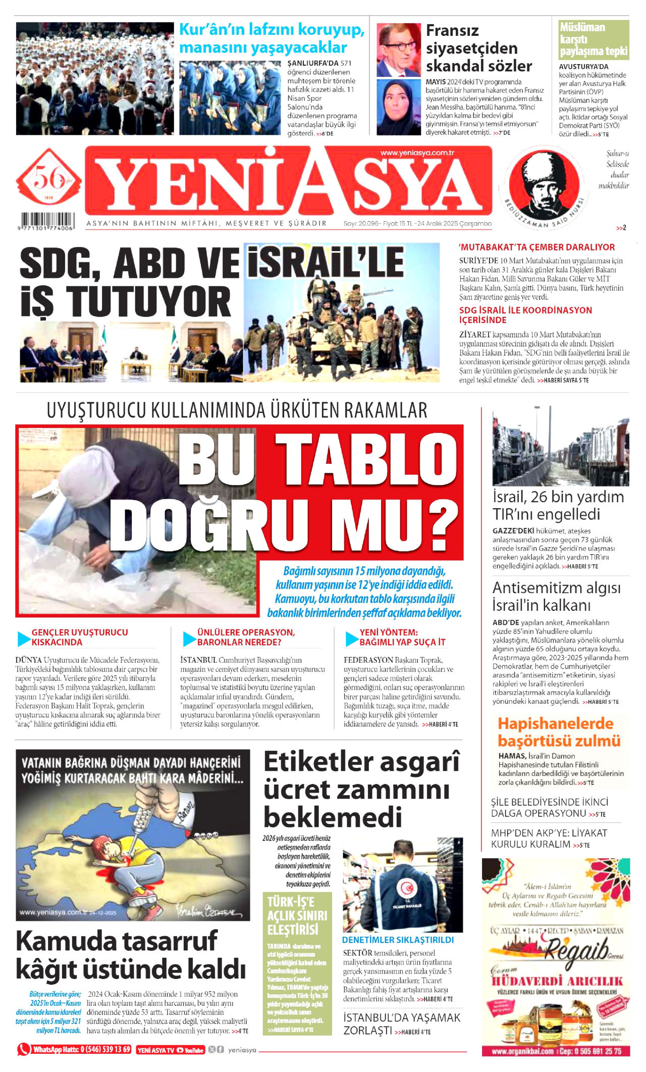 YENİ ASYA gazetesinin 24 Aralık 2025 tarihli birinci sayfası