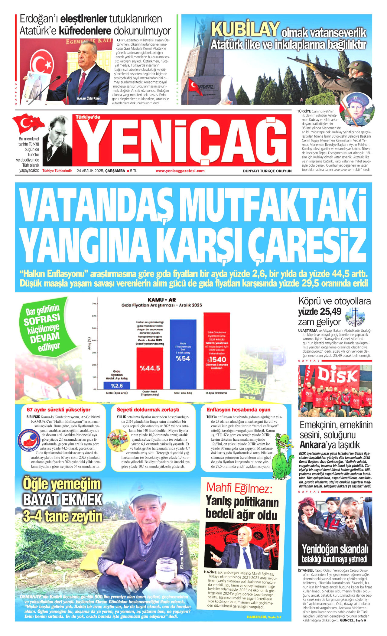 YENİÇAĞ gazetesinin 24 Aralık 2025 tarihli birinci sayfası