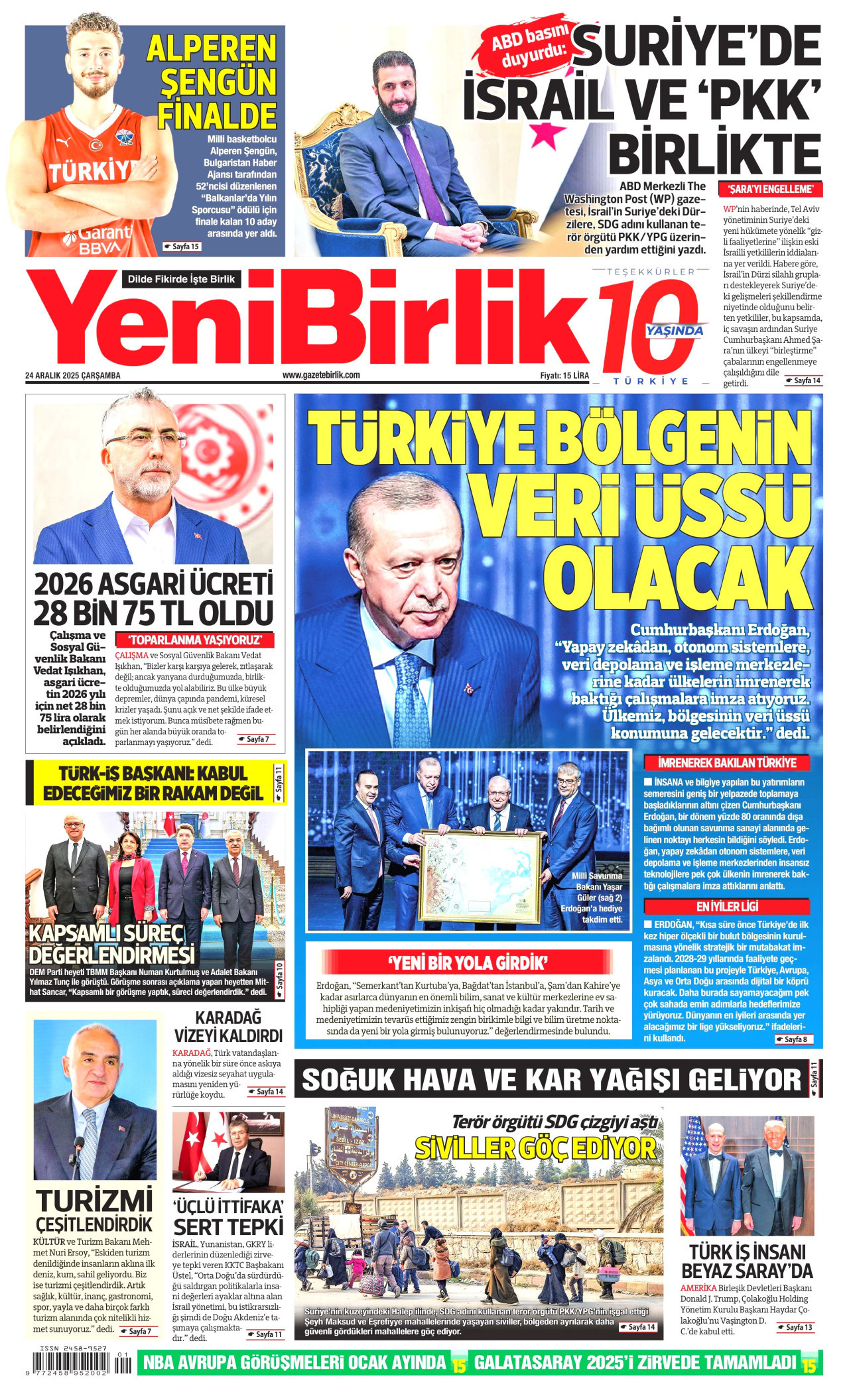 YENİBİRLİK gazetesinin 24 Aralık 2025 tarihli birinci sayfası