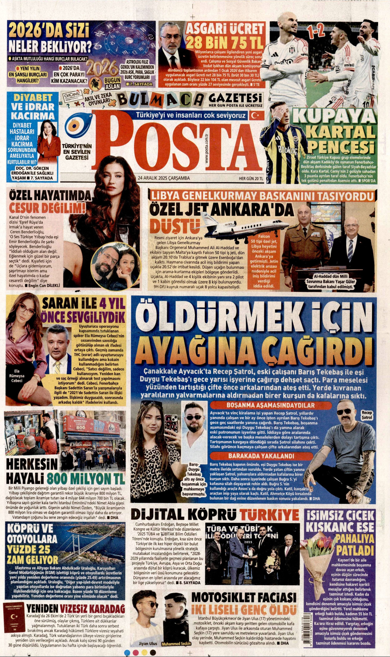 POSTA gazetesinin 24 Aralık 2025 tarihli birinci sayfası