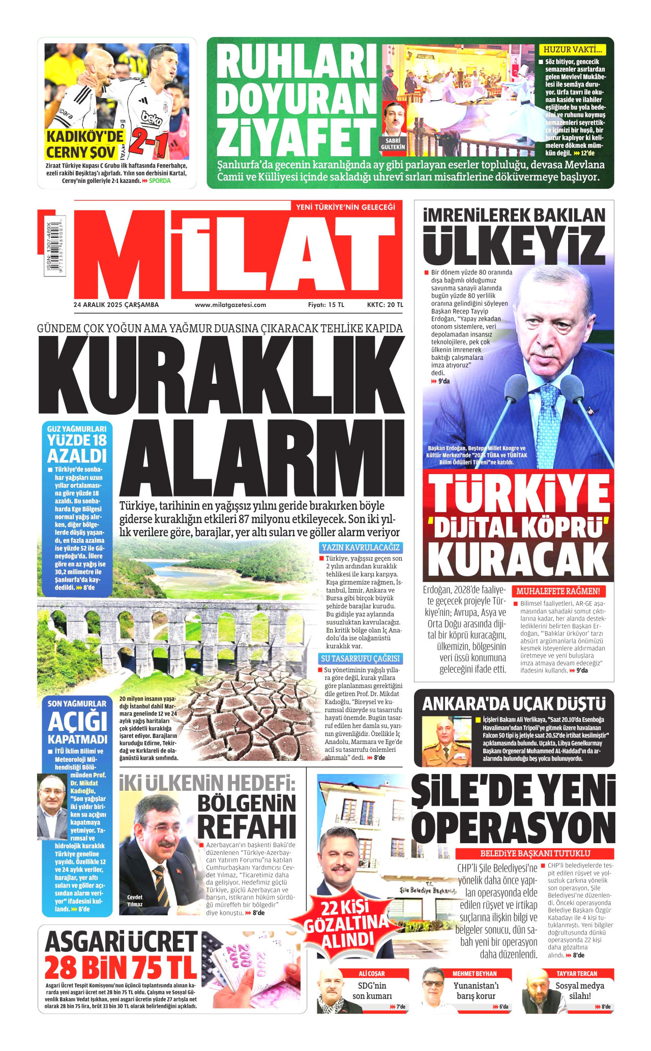 MİLAT gazetesinin 24 Aralık 2025 tarihli birinci sayfası