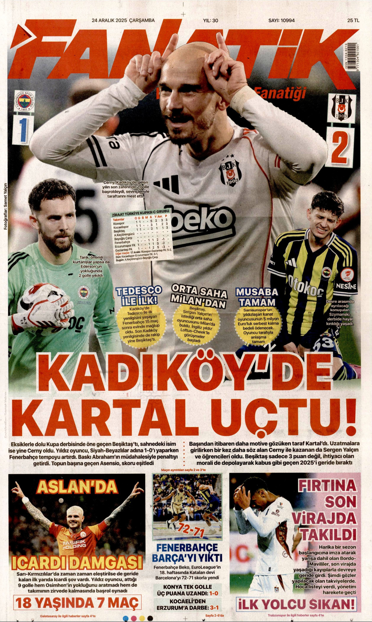 FANATİK gazetesinin 24 Aralık 2025 tarihli birinci sayfası