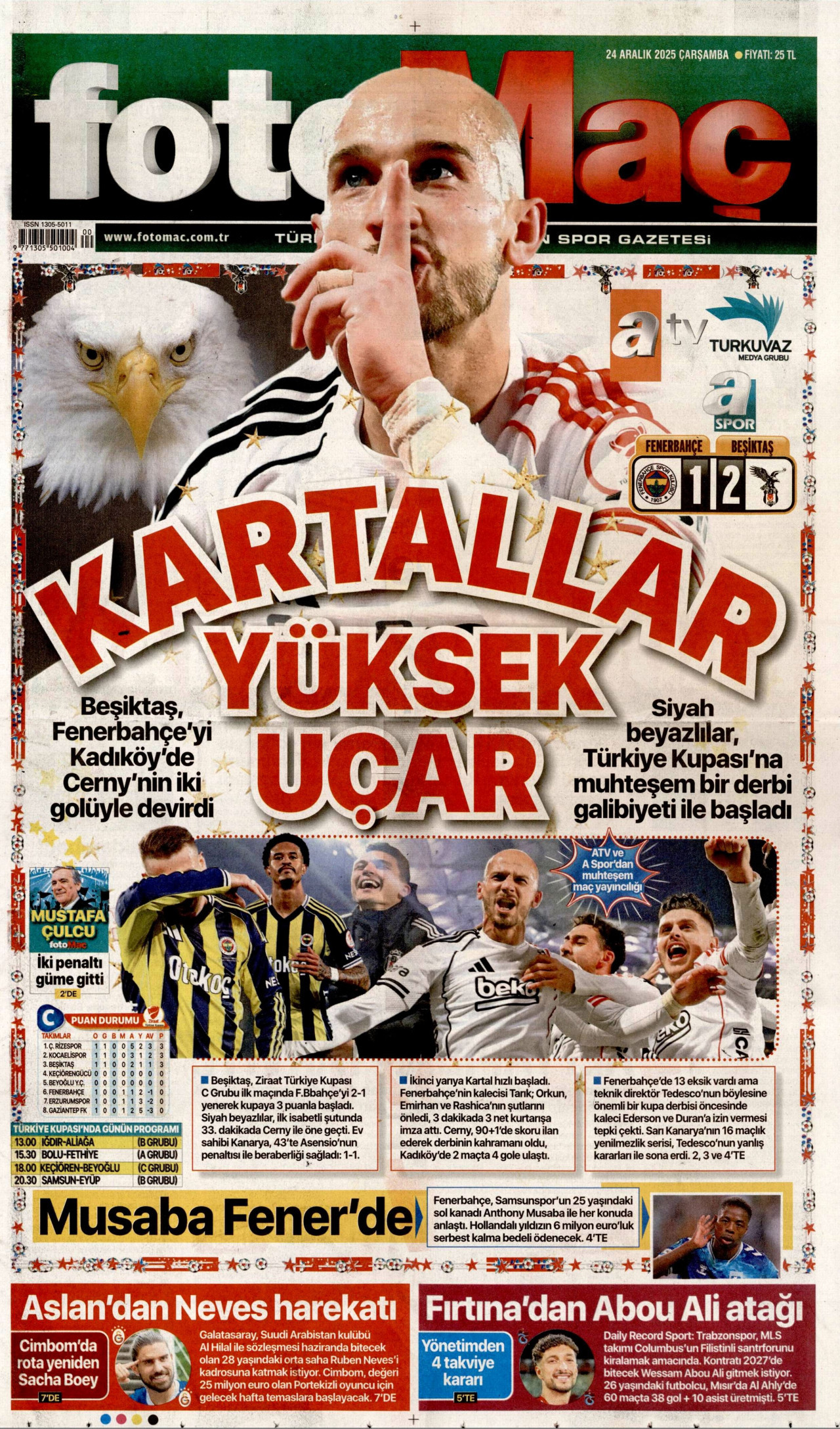 FOTOMAÇ gazetesinin 24 Aralık 2025 tarihli birinci sayfası
