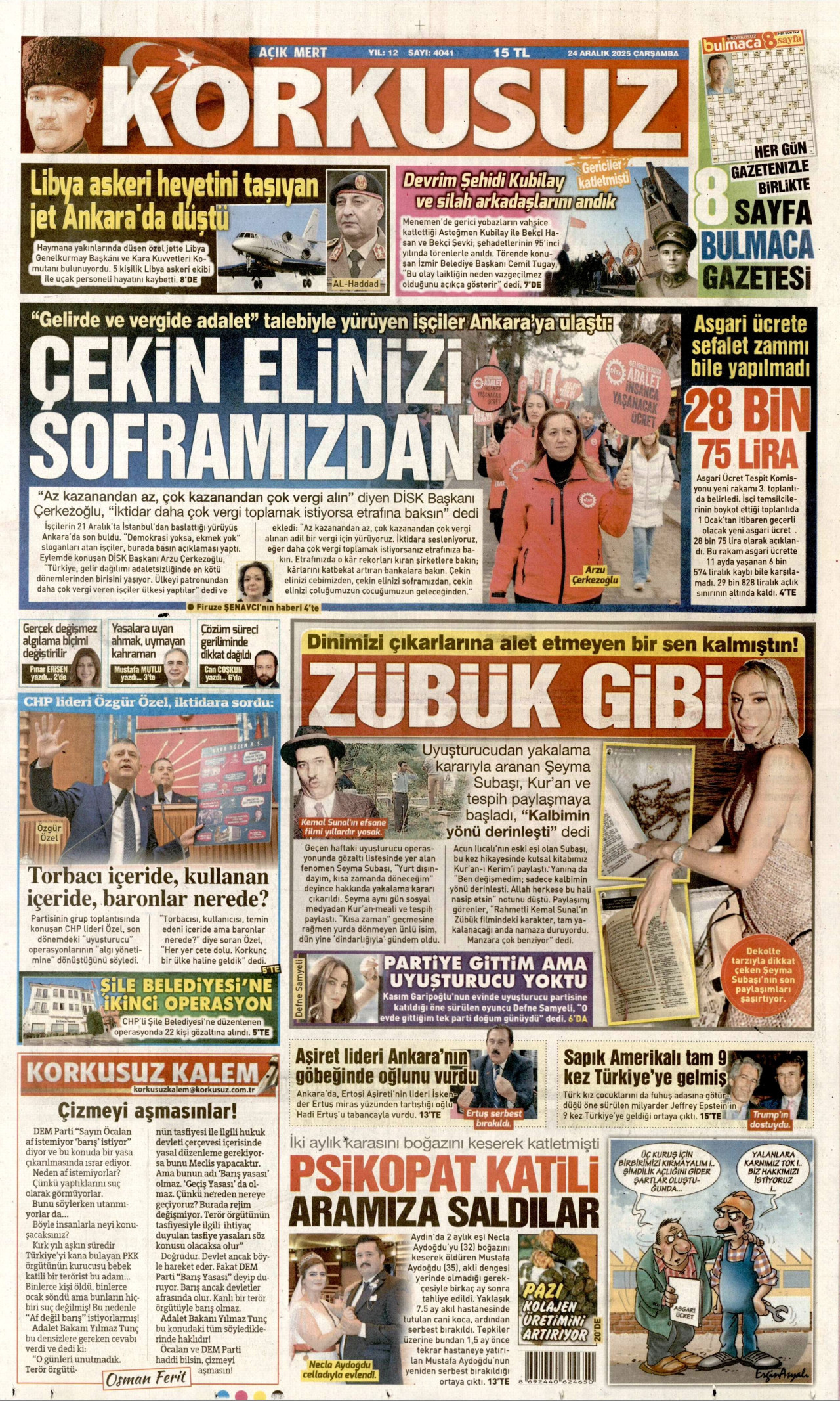KORKUSUZ gazetesinin 24 Aralık 2025 tarihli birinci sayfası