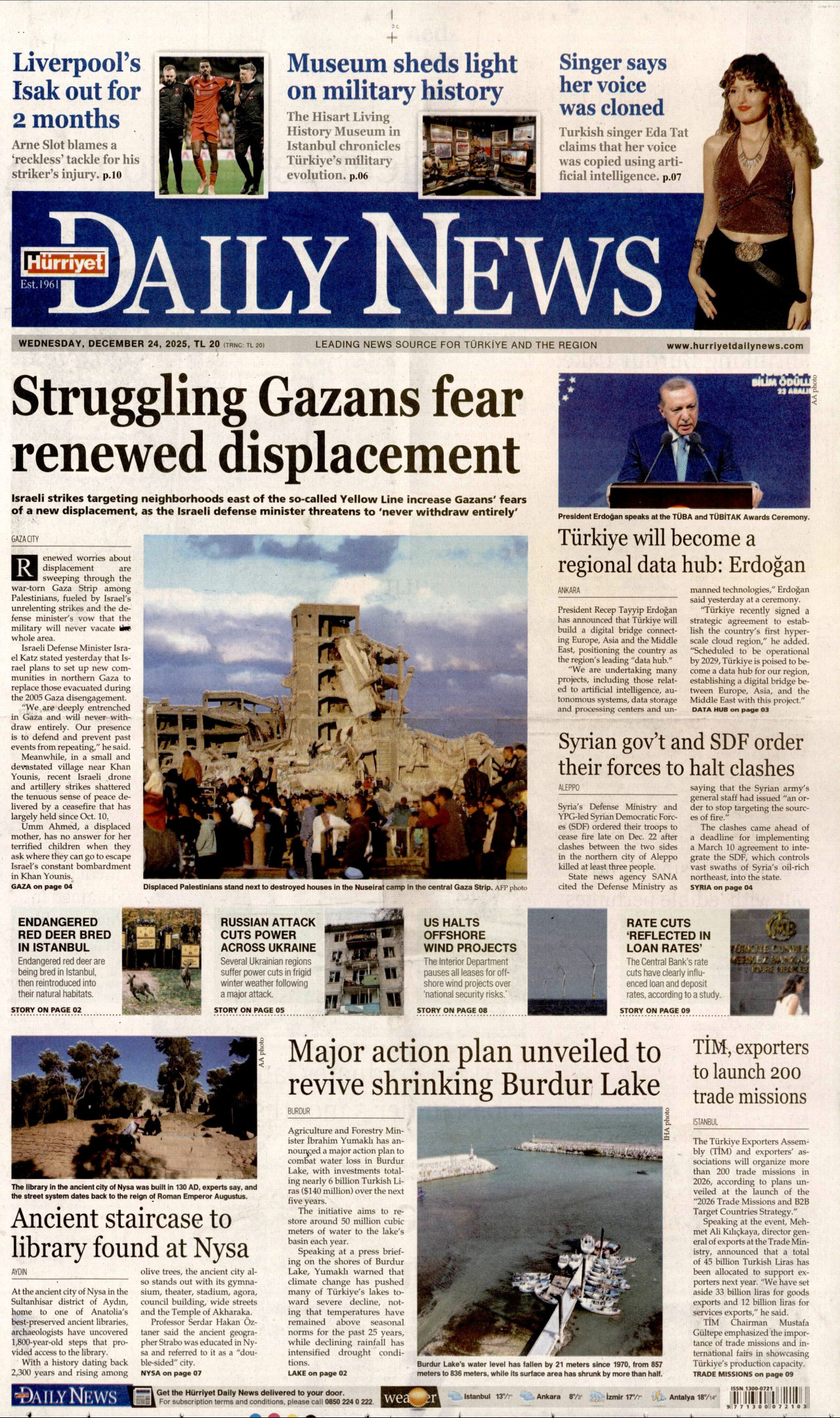 HÜRRİYET DAİLY NEWS gazetesinin 24 Aralık 2025 tarihli birinci sayfası