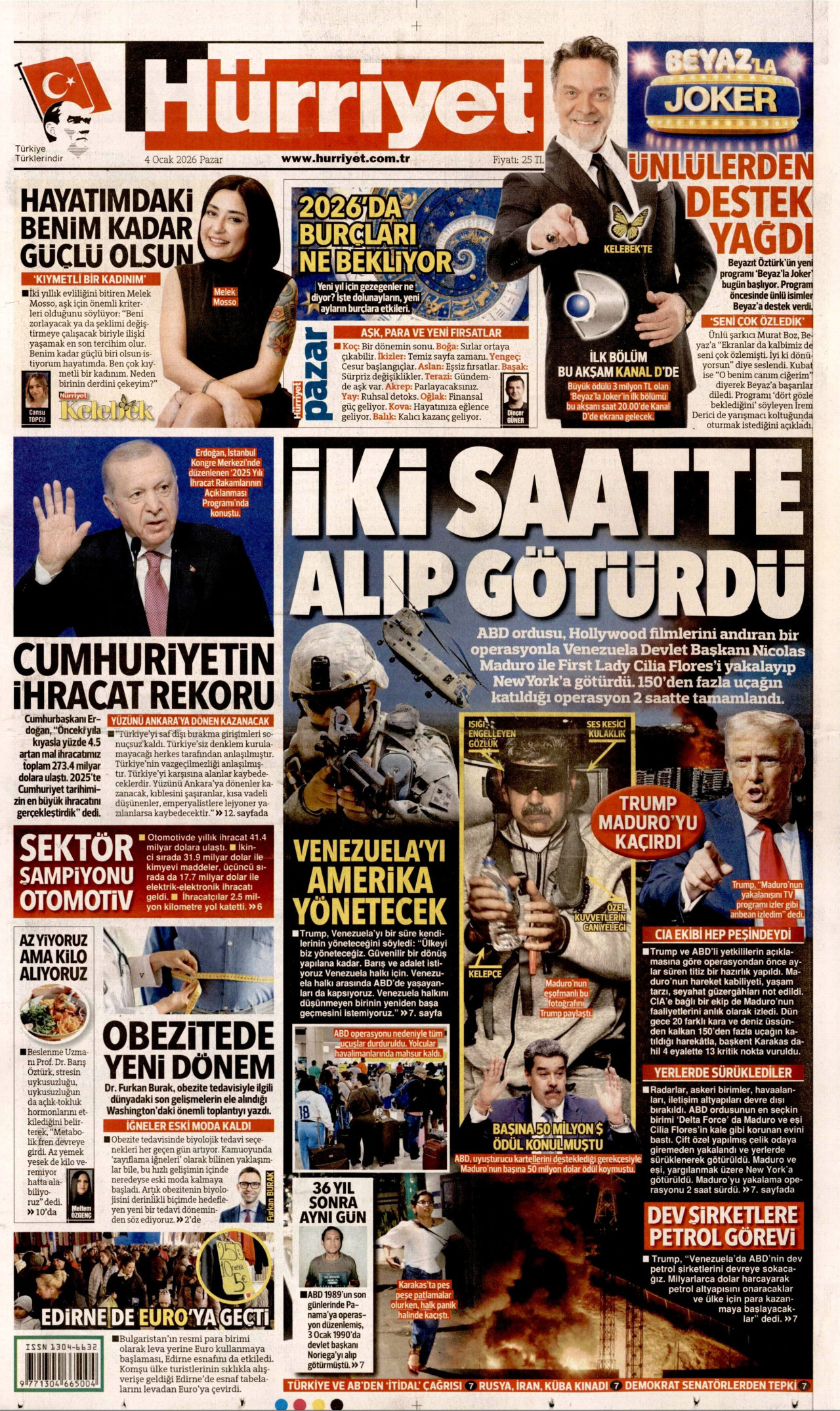 HÜRRİYET gazetesinin 4 Ocak 2026 tarihli birinci sayfası