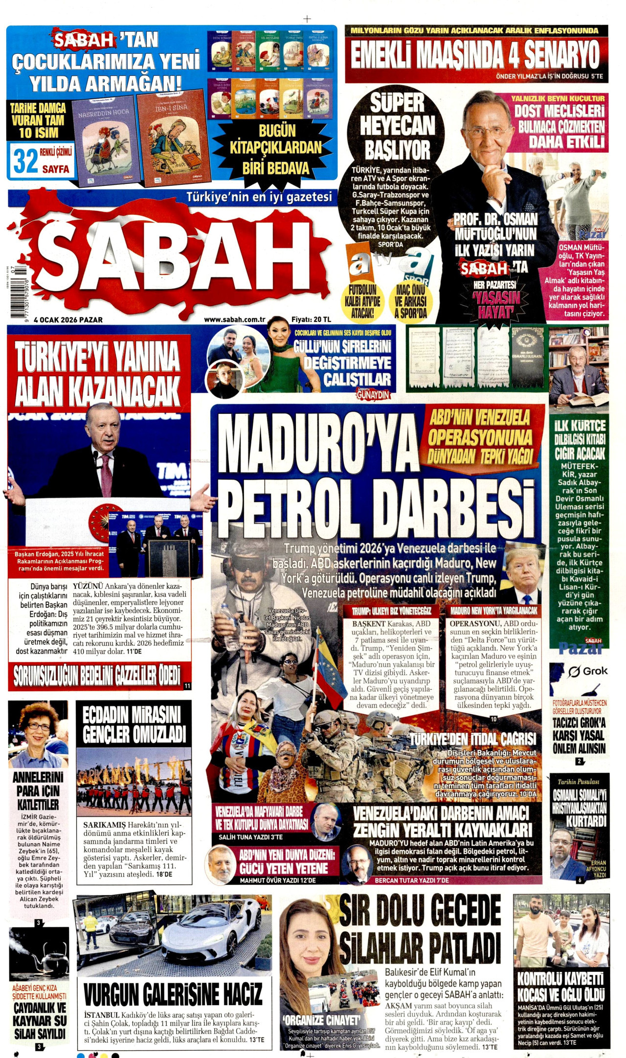 SABAH gazetesinin 4 Ocak 2026 tarihli birinci sayfası
