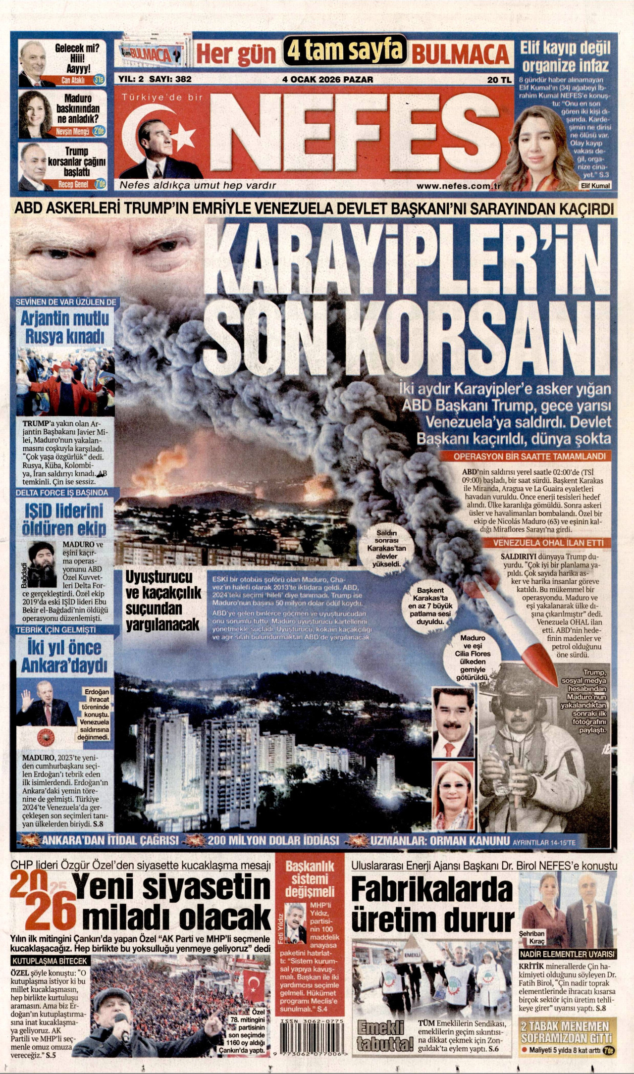 NEFES gazetesinin 4 Ocak 2026 tarihli birinci sayfası