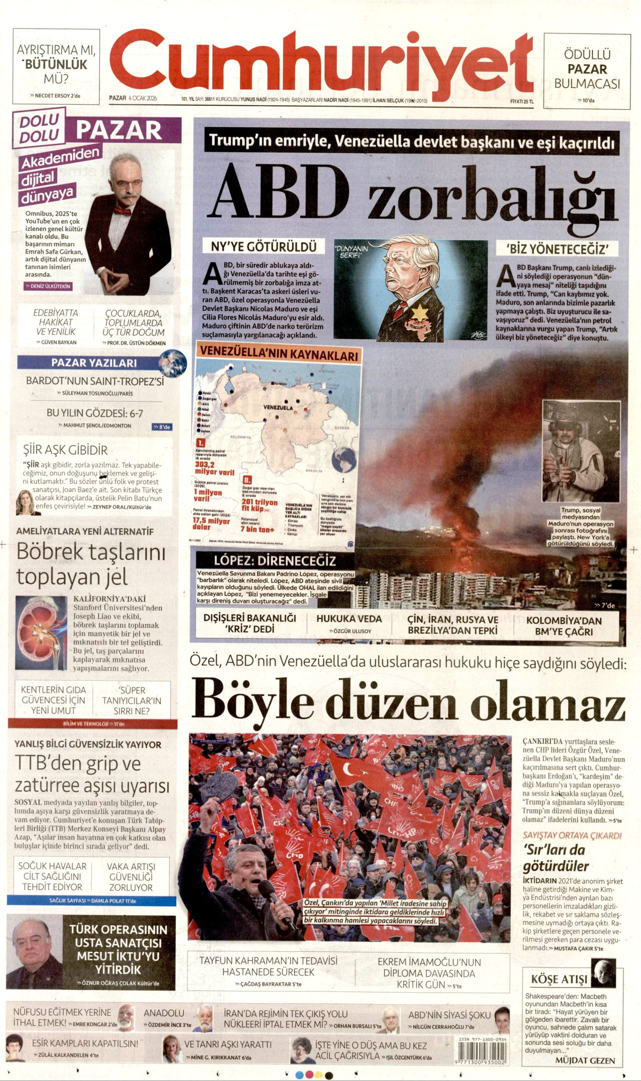 CUMHURİYET gazetesinin 4 Ocak 2026 tarihli birinci sayfası