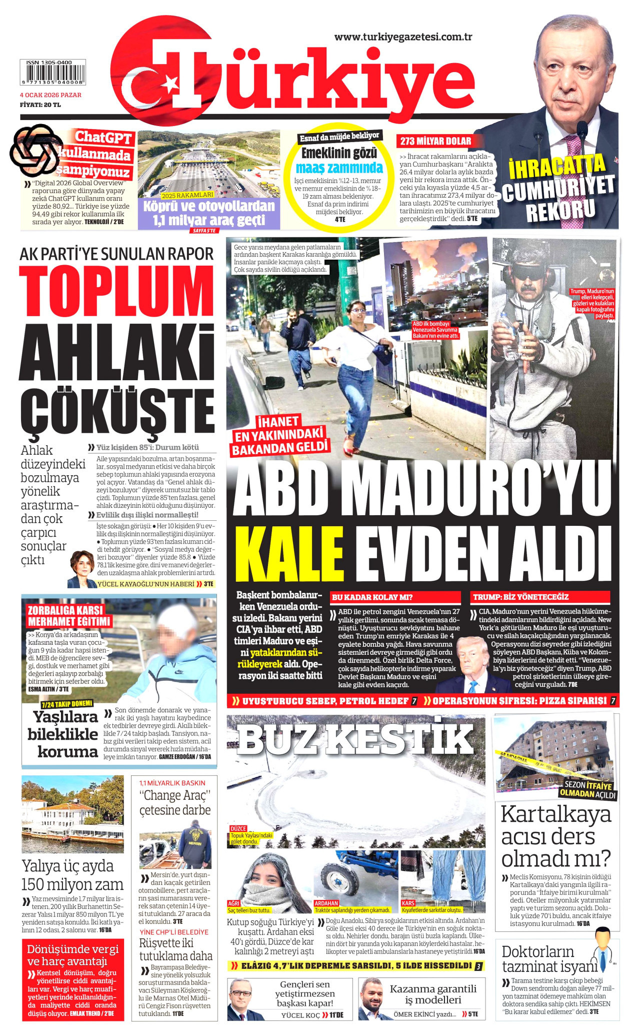 TÜRKİYE GAZETESİ gazetesinin 4 Ocak 2026 tarihli birinci sayfası