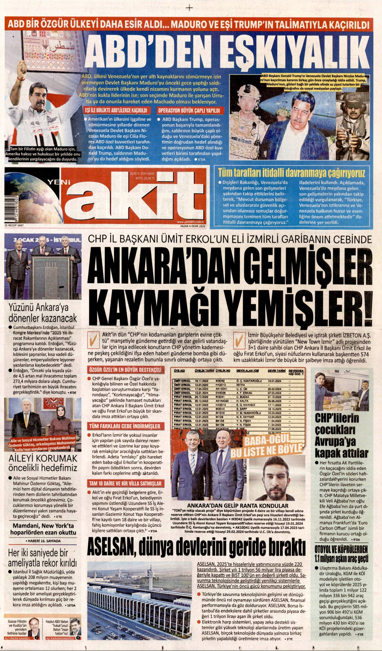 YENİ AKİT gazetesinin 4 Ocak 2026 tarihli birinci sayfası