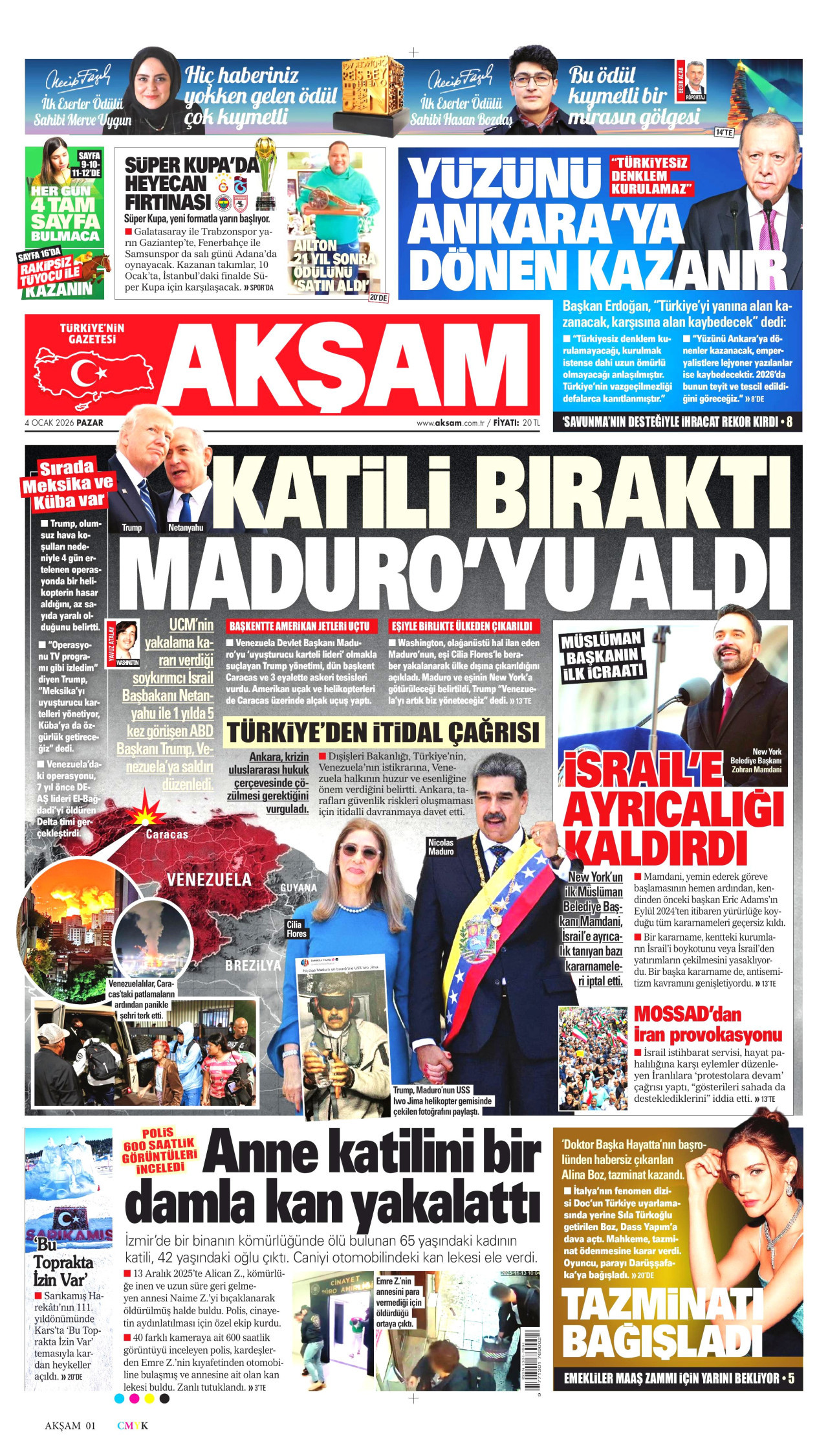 AKŞAM gazetesinin 4 Ocak 2026 tarihli birinci sayfası