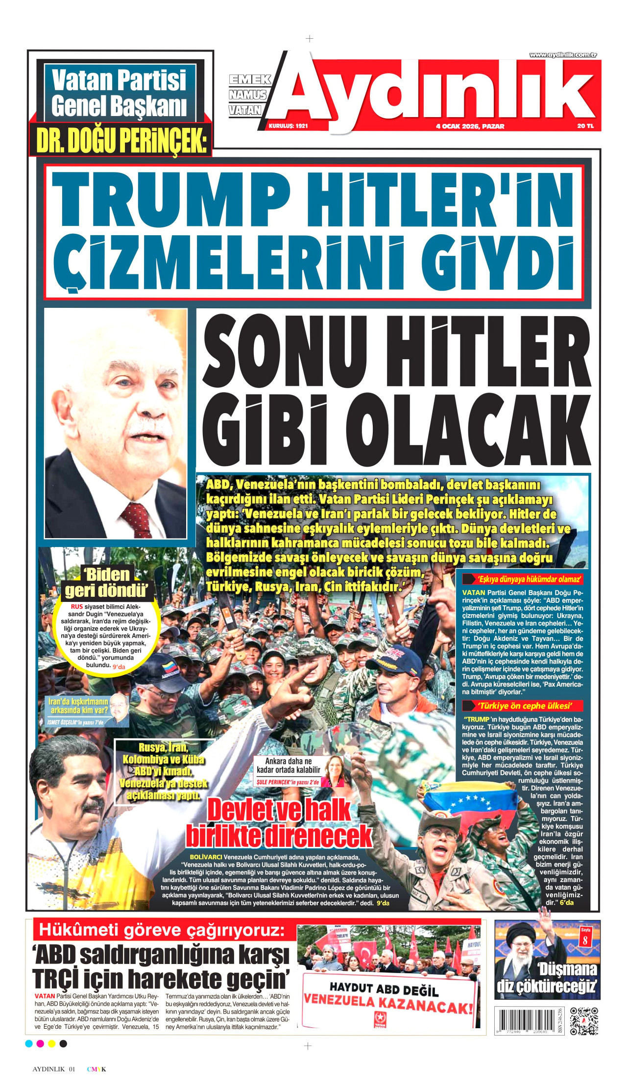 AYDINLIK GAZETESİ gazetesinin 4 Ocak 2026 tarihli birinci sayfası