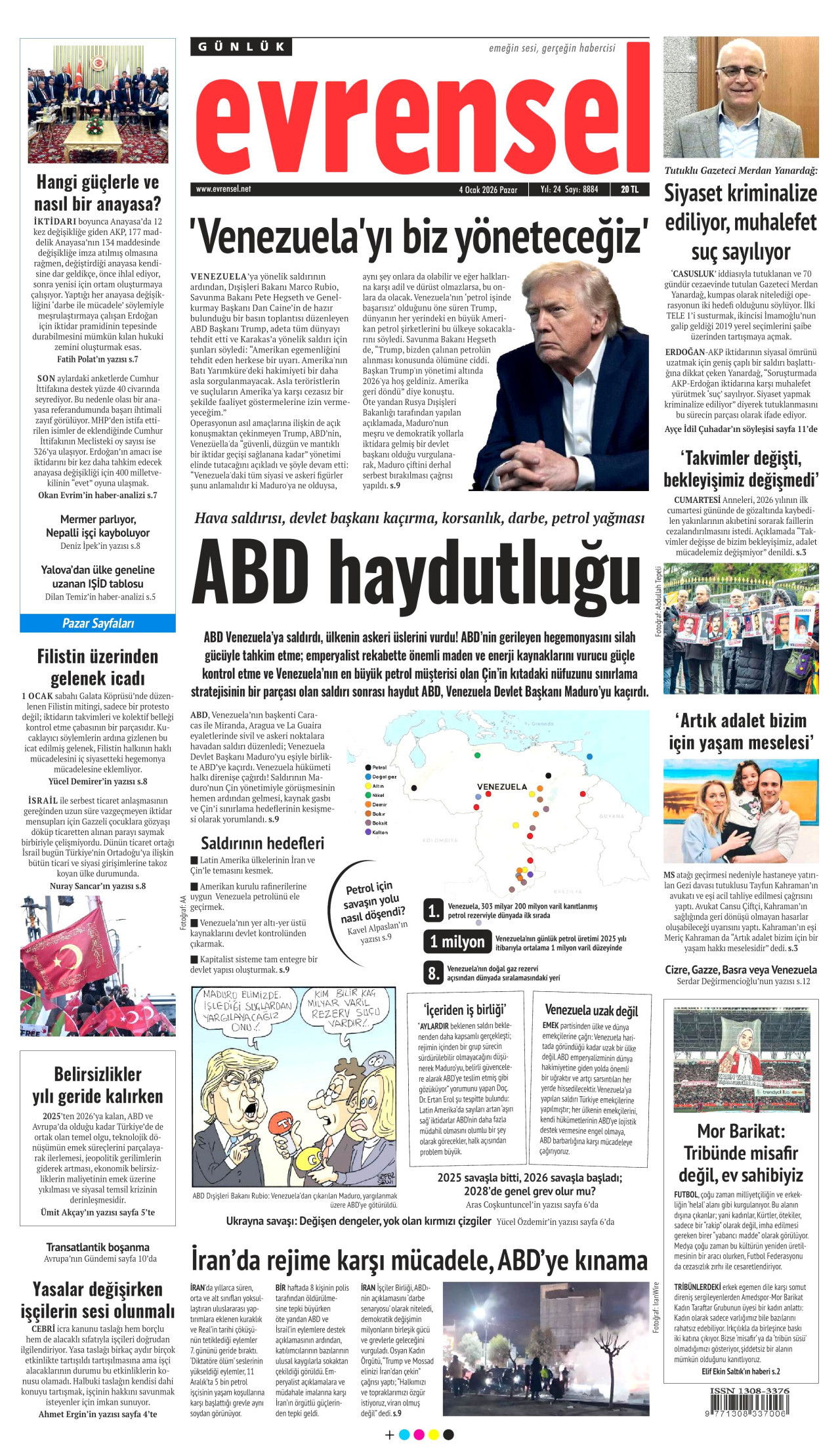 EVRENSEL gazetesinin 4 Ocak 2026 tarihli birinci sayfası
