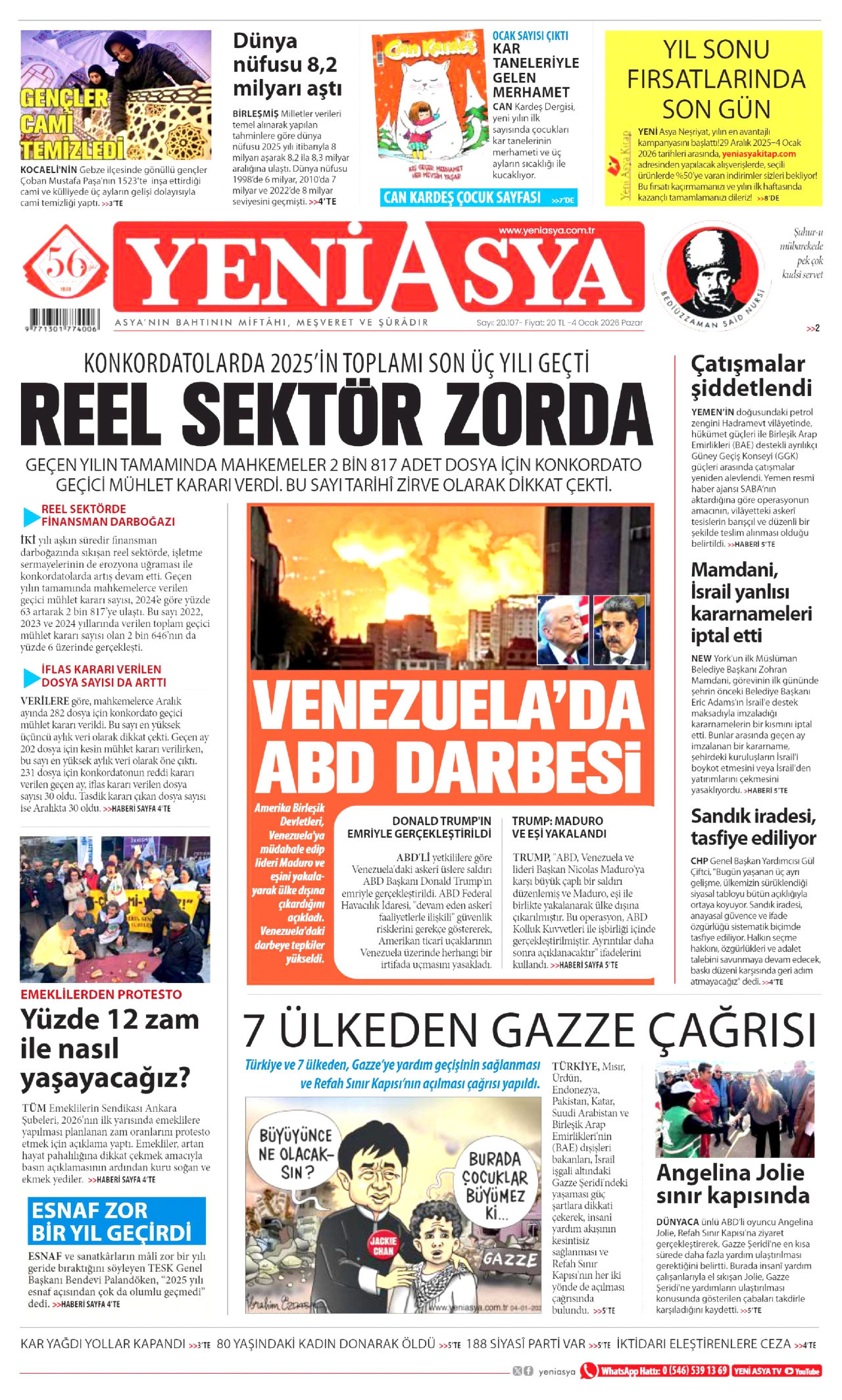 YENİ ASYA gazetesinin 4 Ocak 2026 tarihli birinci sayfası