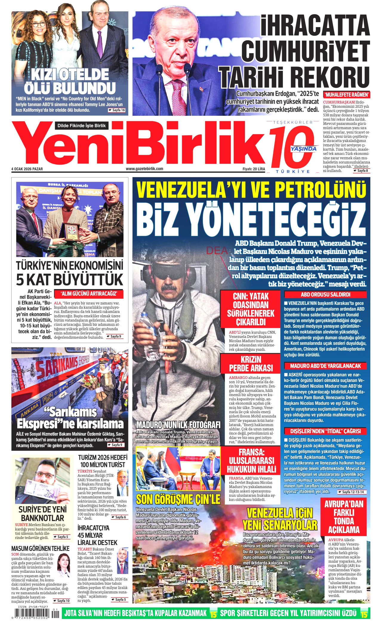 YENİBİRLİK gazetesinin 4 Ocak 2026 tarihli birinci sayfası