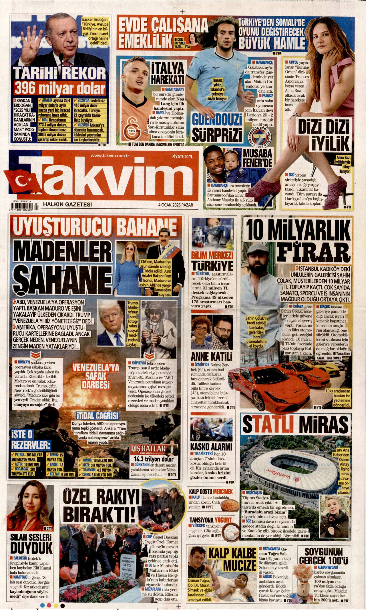 TAKVİM gazetesinin 4 Ocak 2026 tarihli birinci sayfası