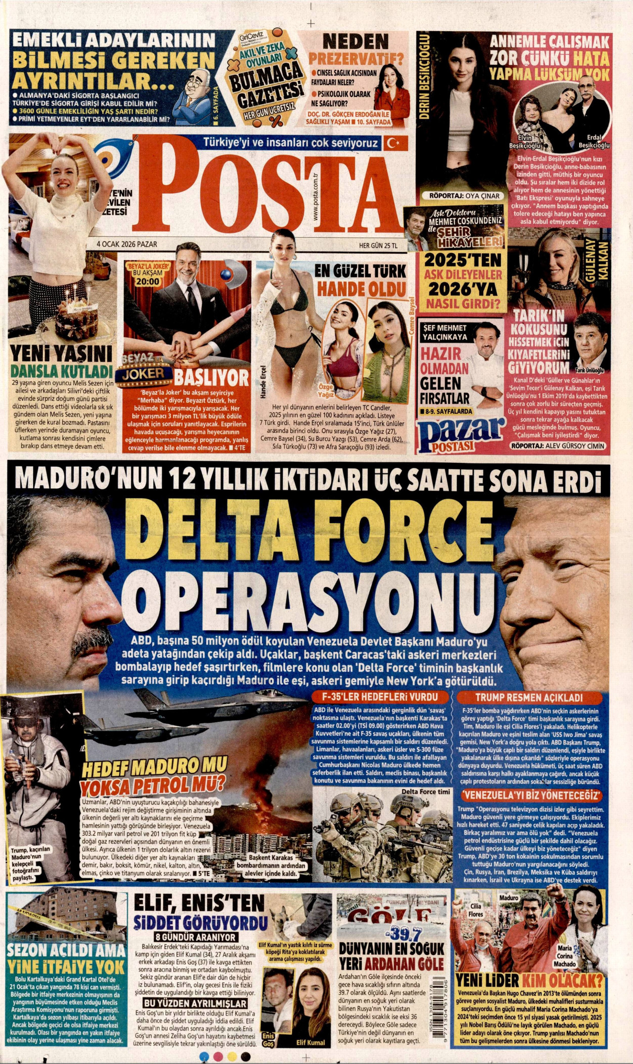 POSTA gazetesinin 4 Ocak 2026 tarihli birinci sayfası