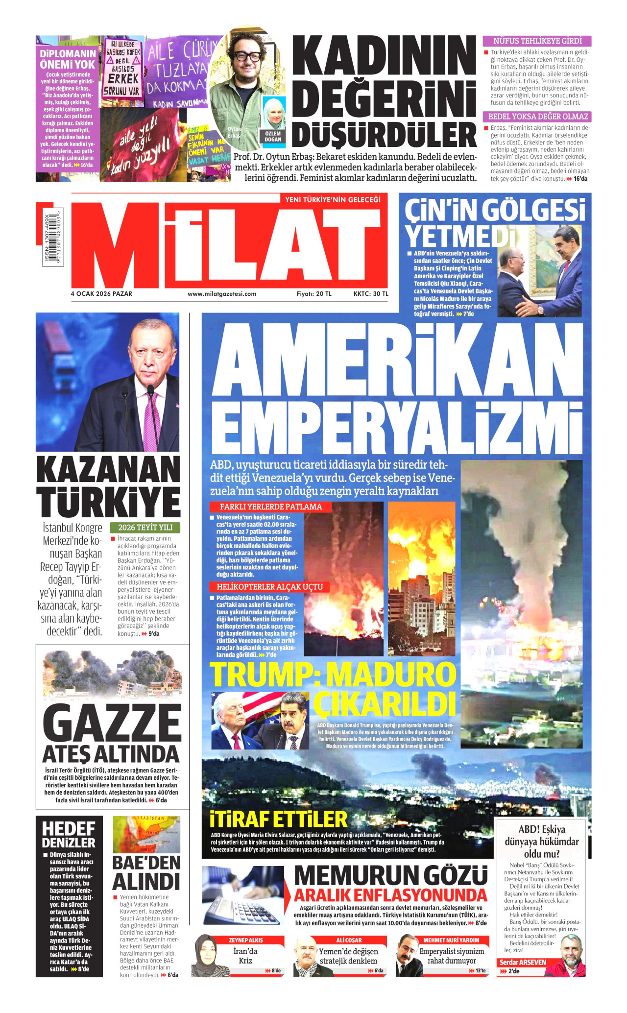 MİLAT gazetesinin 4 Ocak 2026 tarihli birinci sayfası