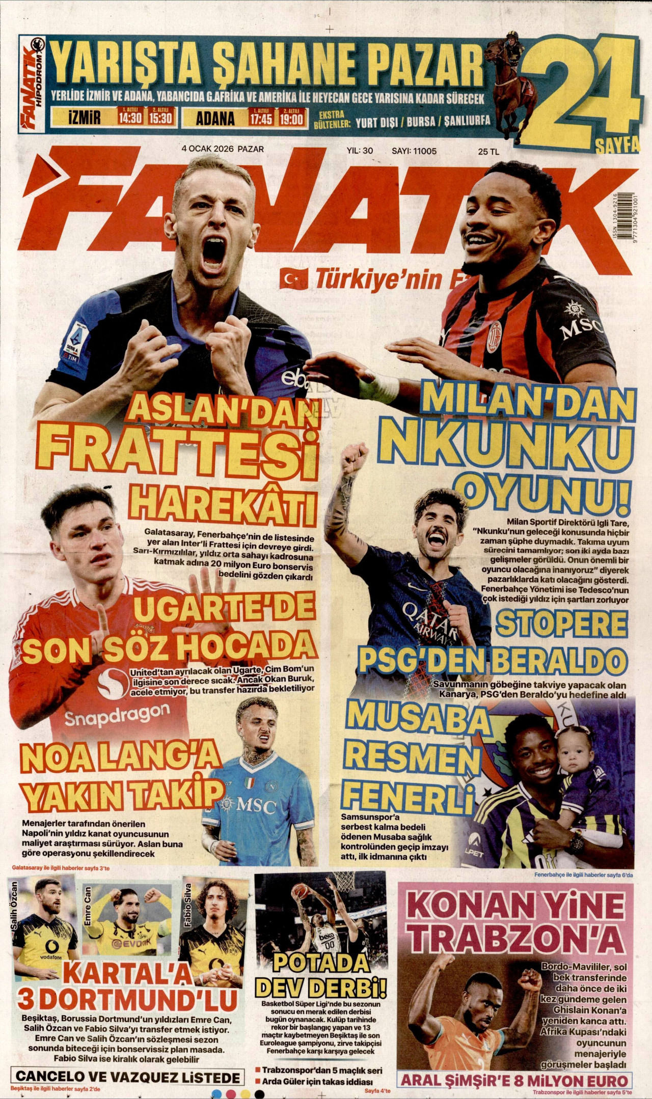 FANATİK gazetesinin 4 Ocak 2026 tarihli birinci sayfası