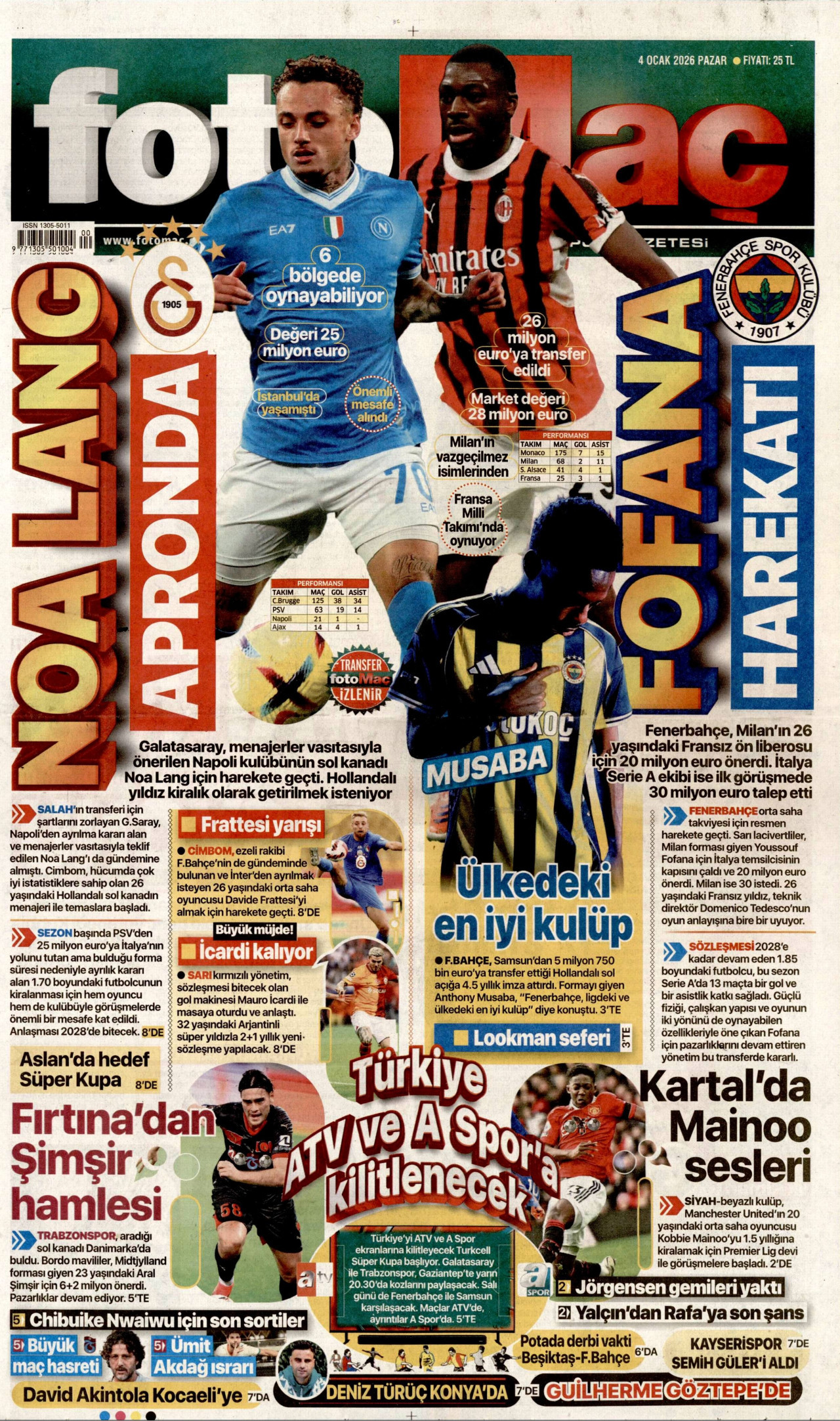 FOTOMAÇ gazetesinin 4 Ocak 2026 tarihli birinci sayfası