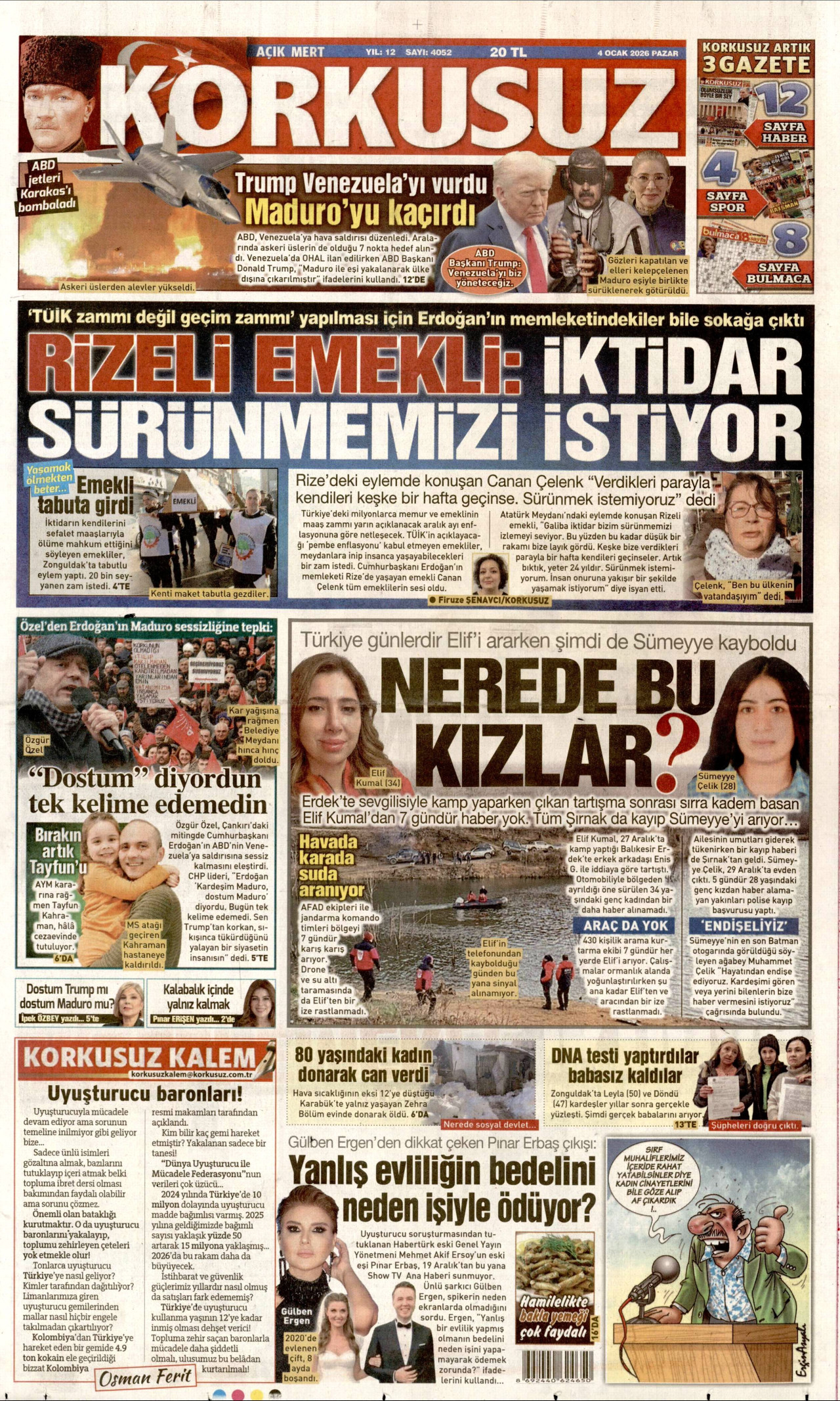 KORKUSUZ gazetesinin 4 Ocak 2026 tarihli birinci sayfası